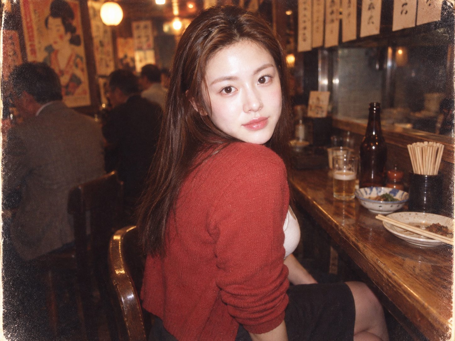 90年代居酒屋里的红开衫闪光快照 — AI image creation