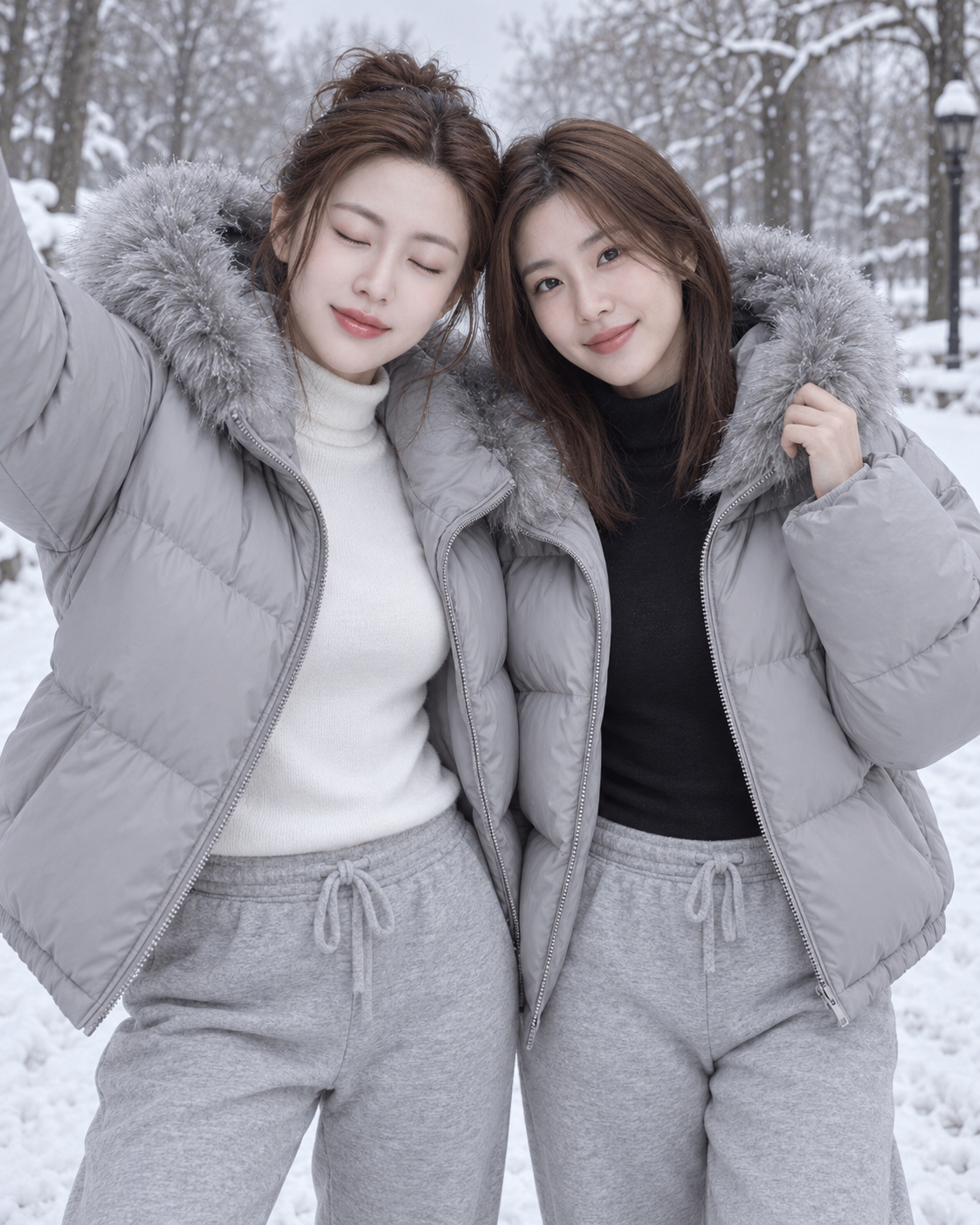 雪日公园中的双人冬季街头时尚
