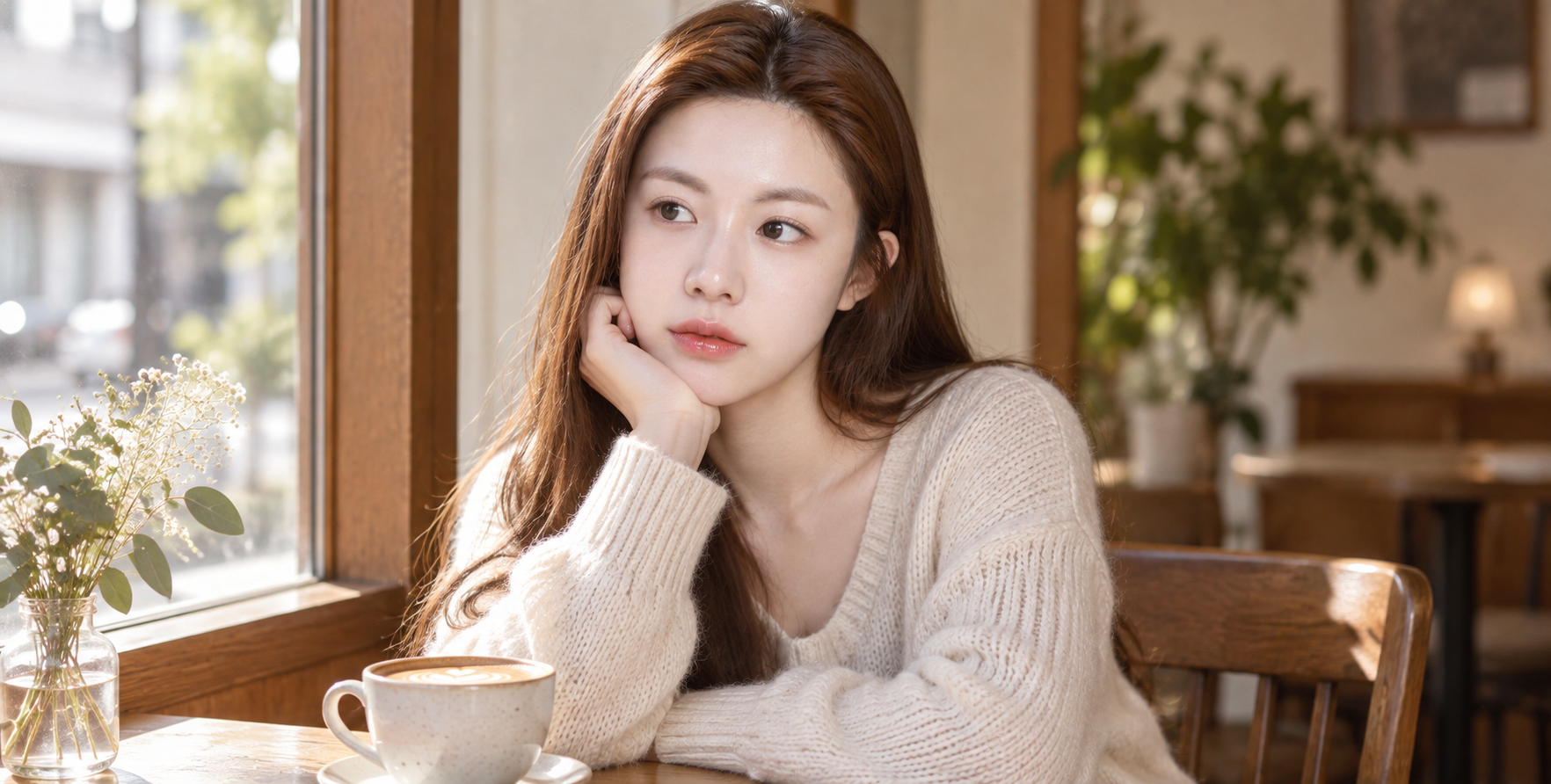 成年女性咖啡馆窗边暖光独处肖像 — AI image creation