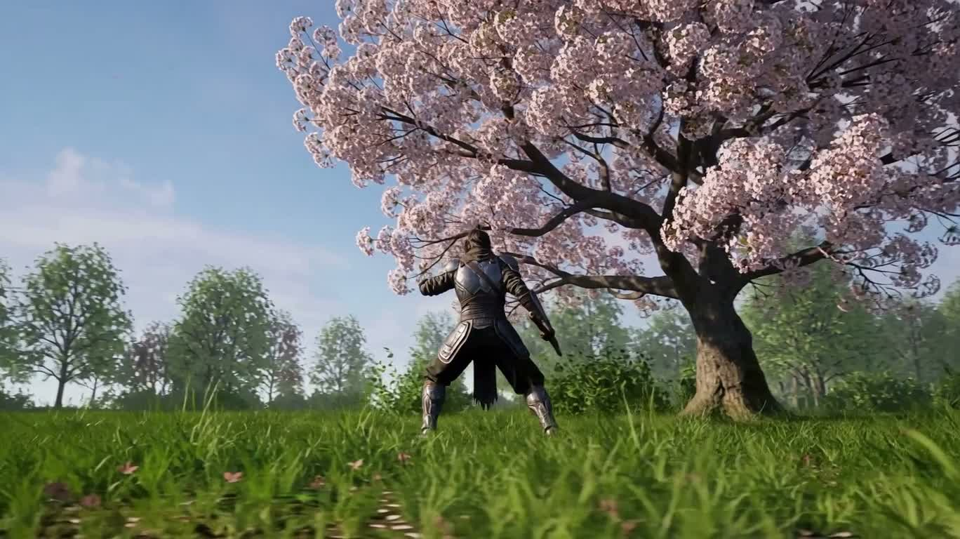 Mechanical Warrior Beneath Cherry Trees in a Gentle Breeze