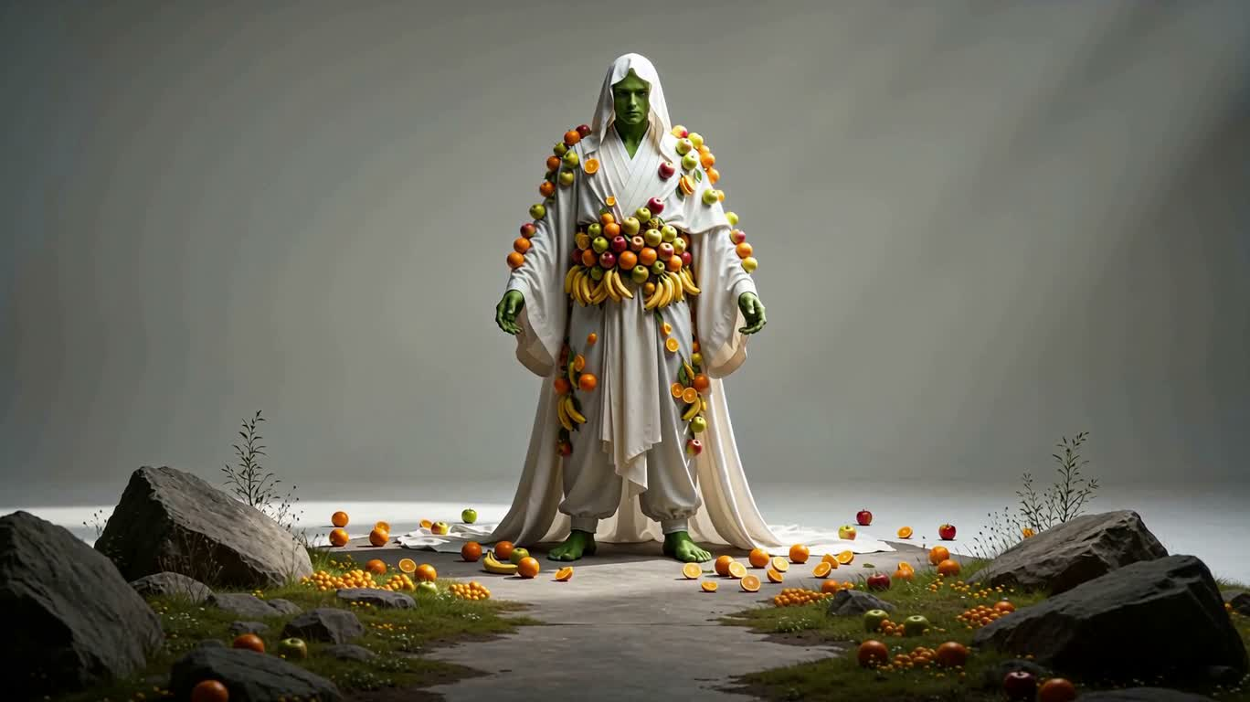 Silhouette à peau verte en robe blanche couverte de fruits — AI video creation