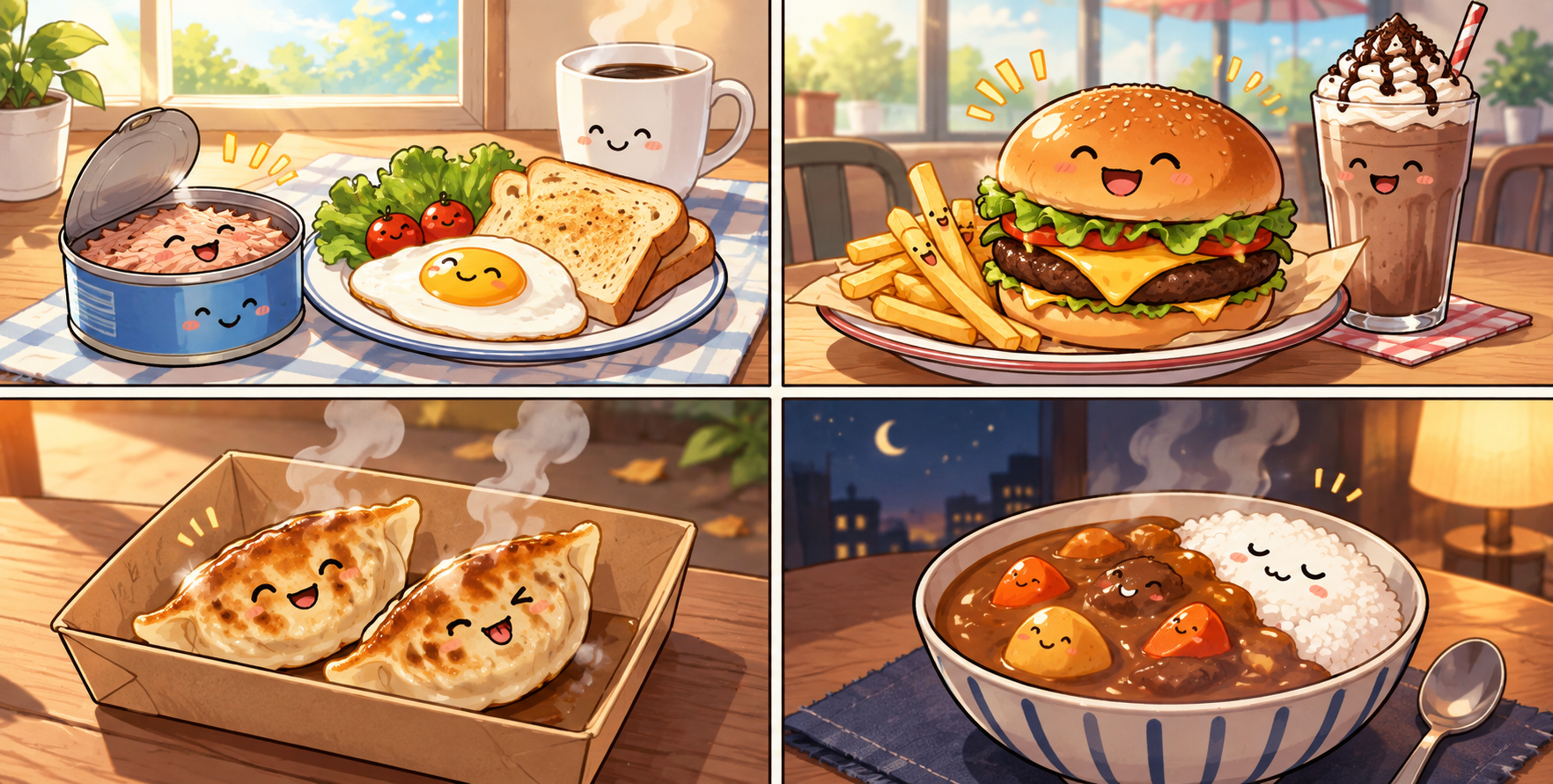 吃货的一天四格美食记录 — AI image creation