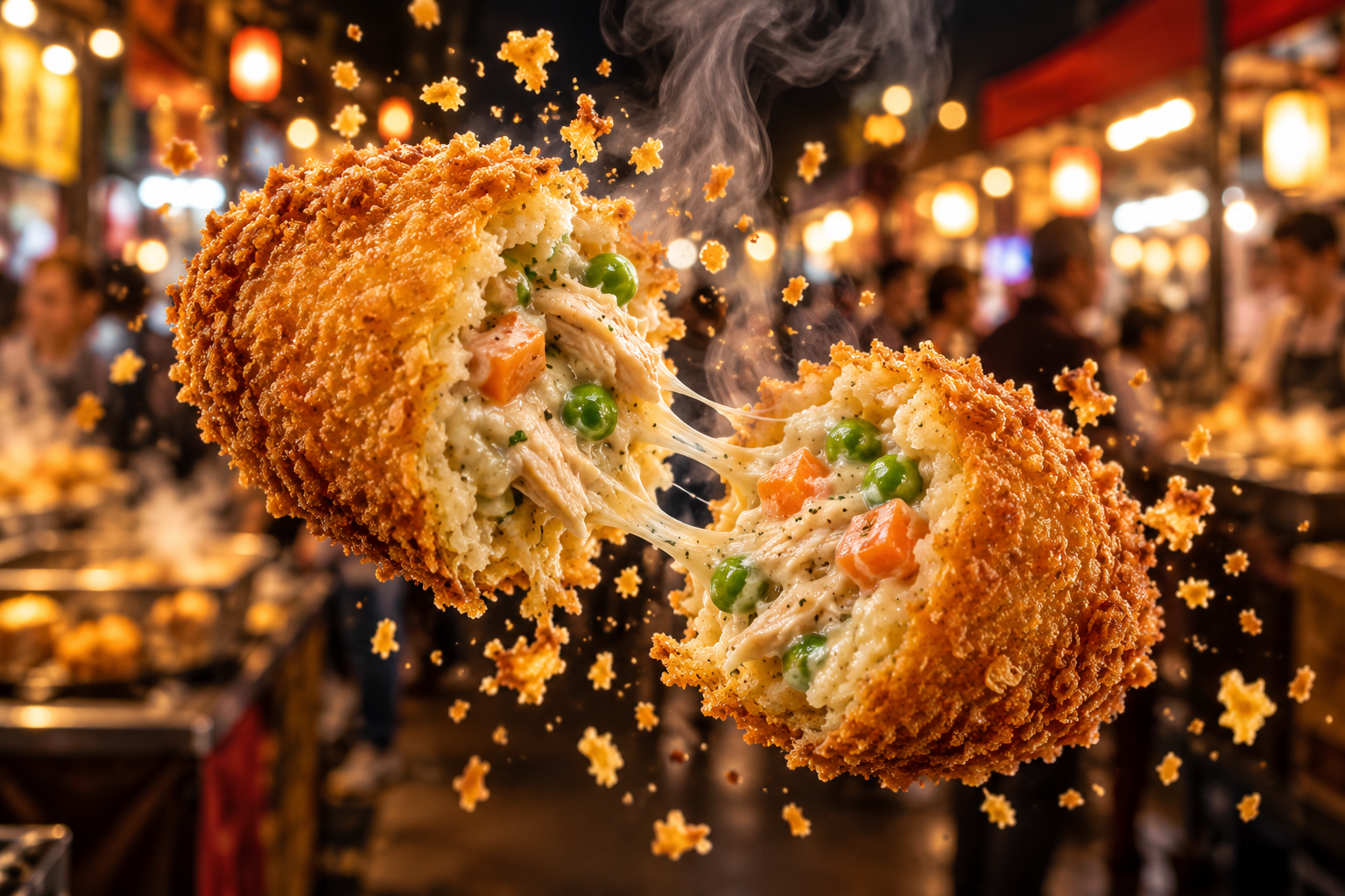 夜市炸物半空爆裂拉丝特写 — AI image creation