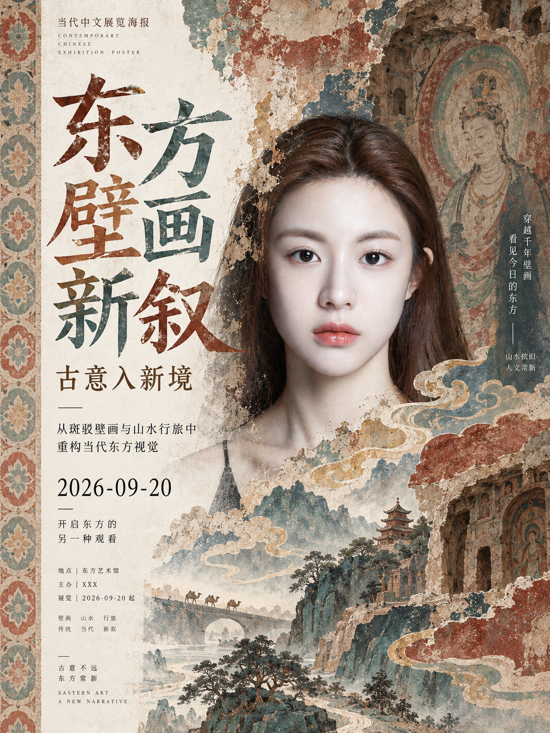 东方古壁画气质当代中文展览海报 — AI image creation