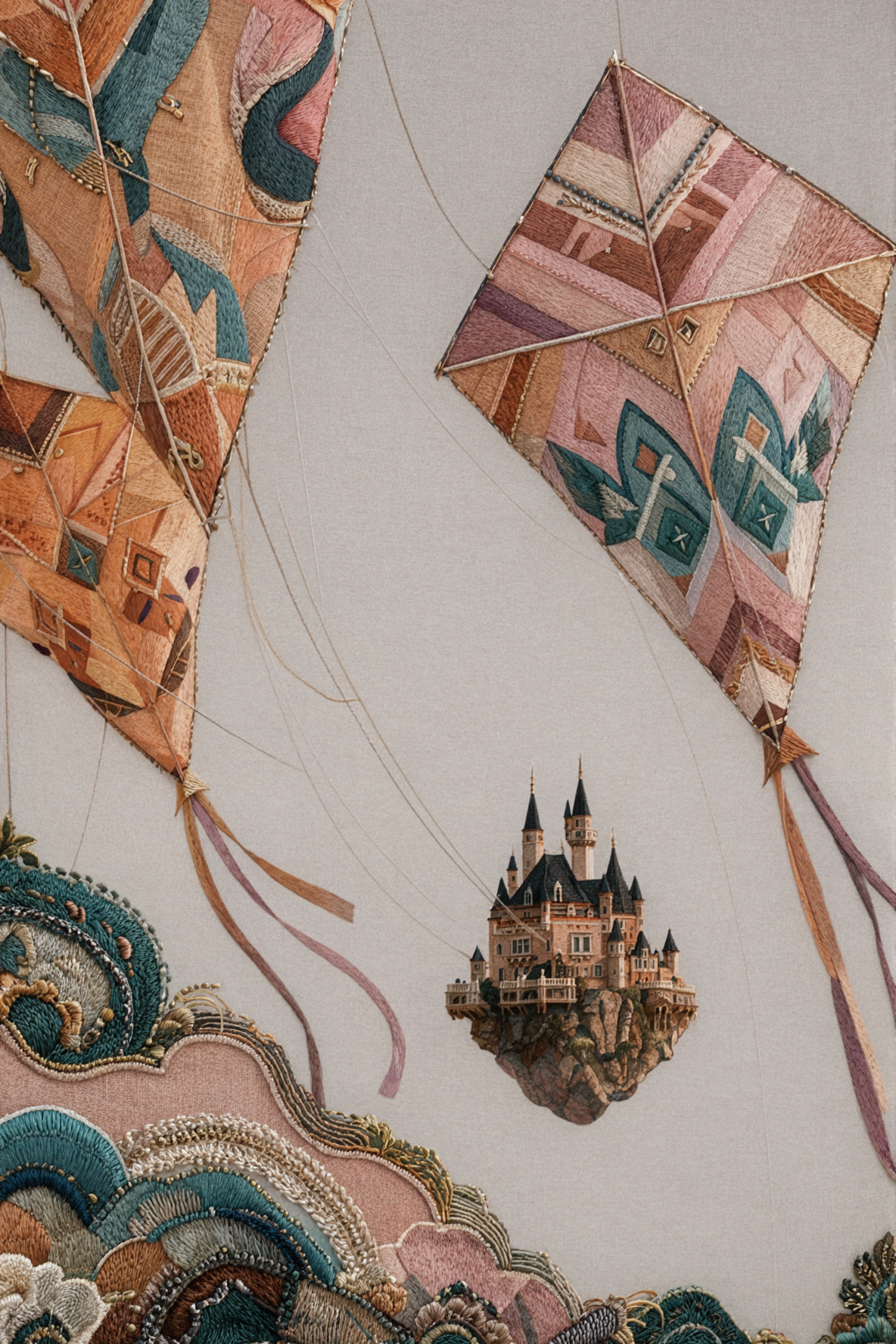 Château de cerfs-volants · Tissu brodé — AI image creation
