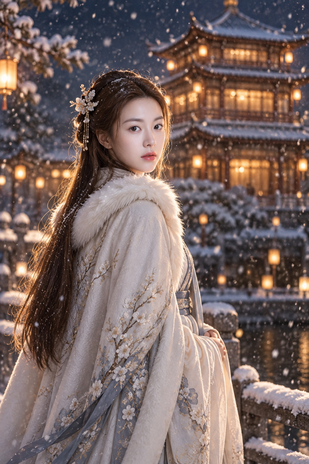 雪夜暖灯东亚亭台人像 — AI image creation