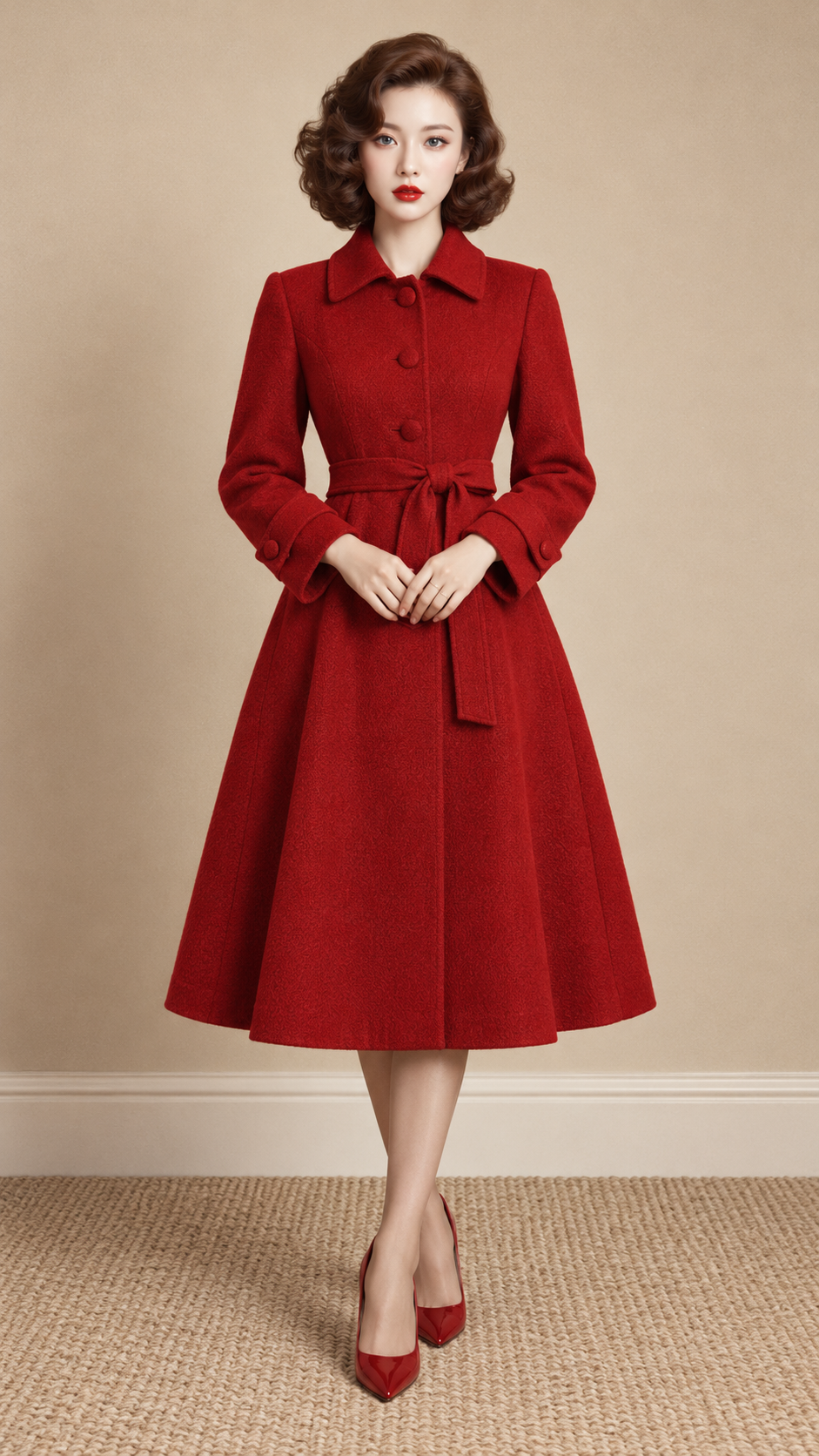 1950s Vintage Red Wool Coat Women's Fashion Portrait
