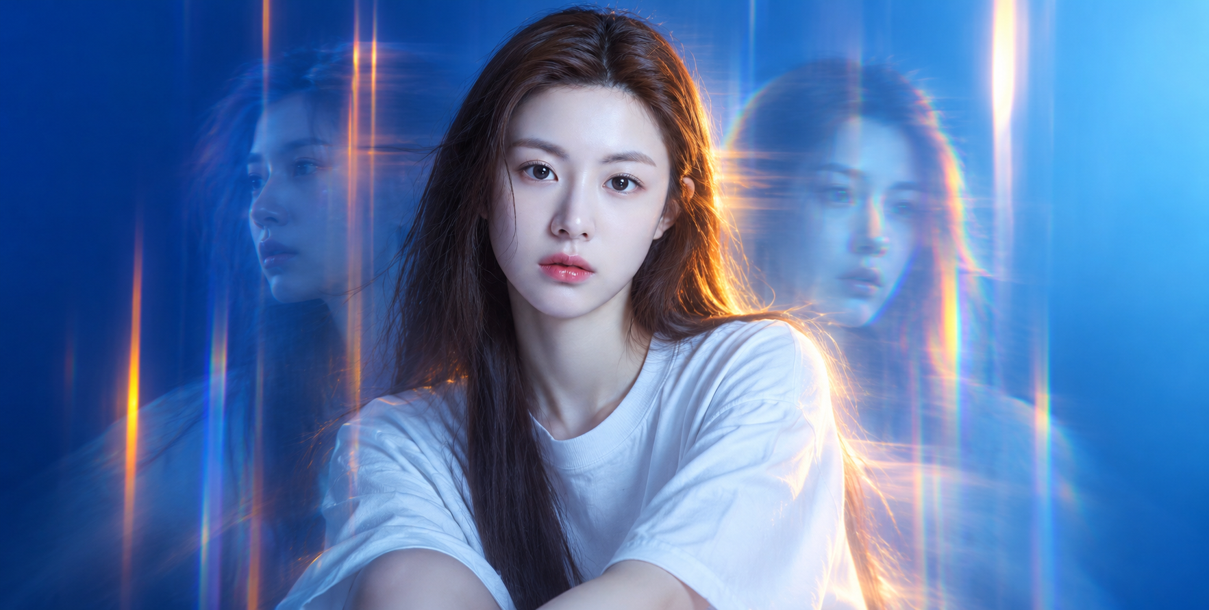 梦幻蓝调多重曝光时尚光影肖像 — AI image creation