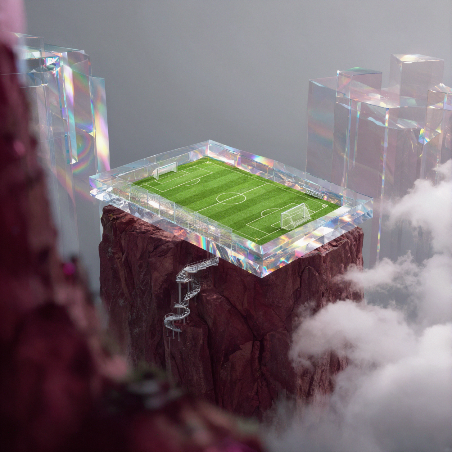 雲上のサッカー場・ホログラムガラス — AI image creation