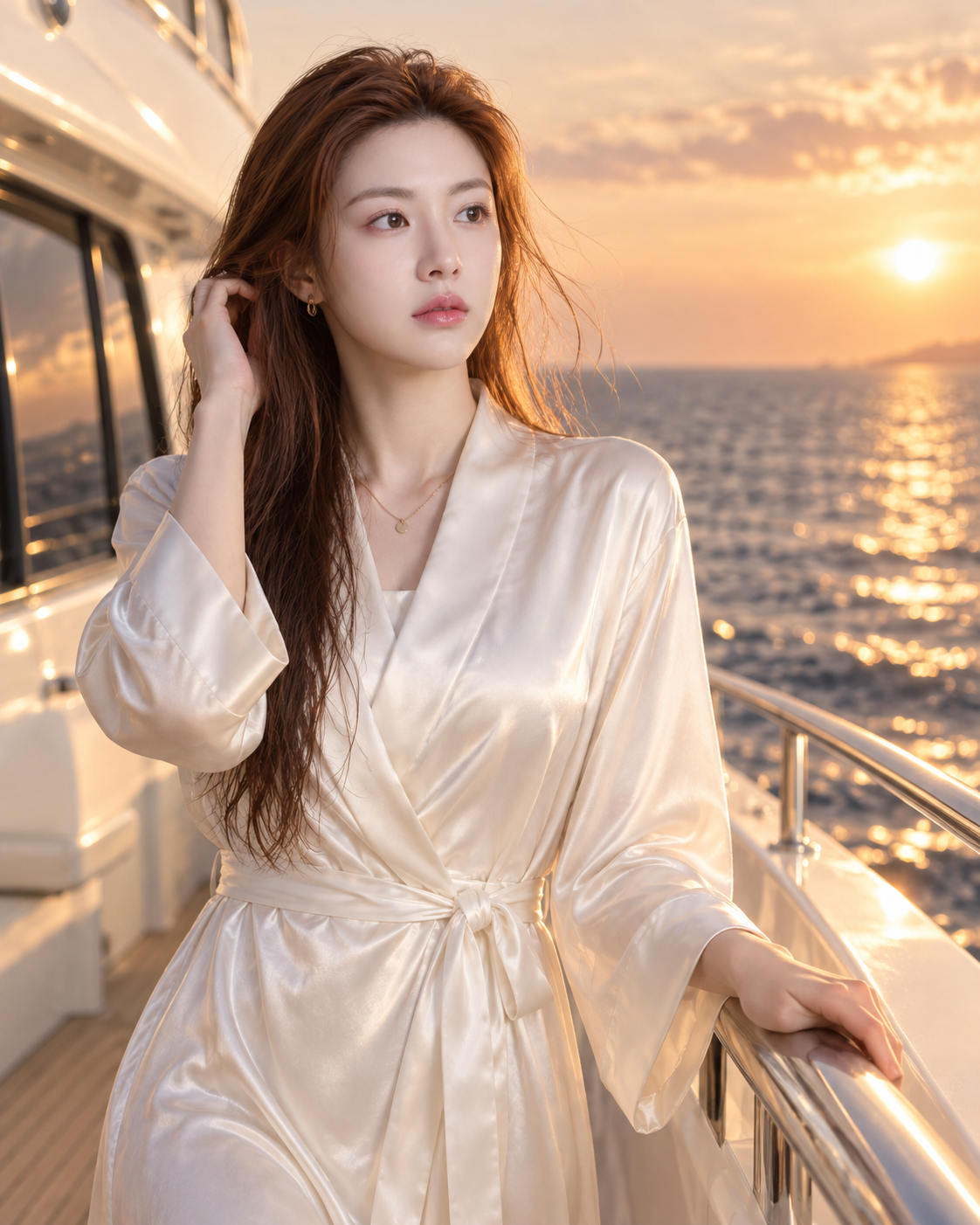 白色游艇旁的落日夏日时尚肖像 — AI image creation