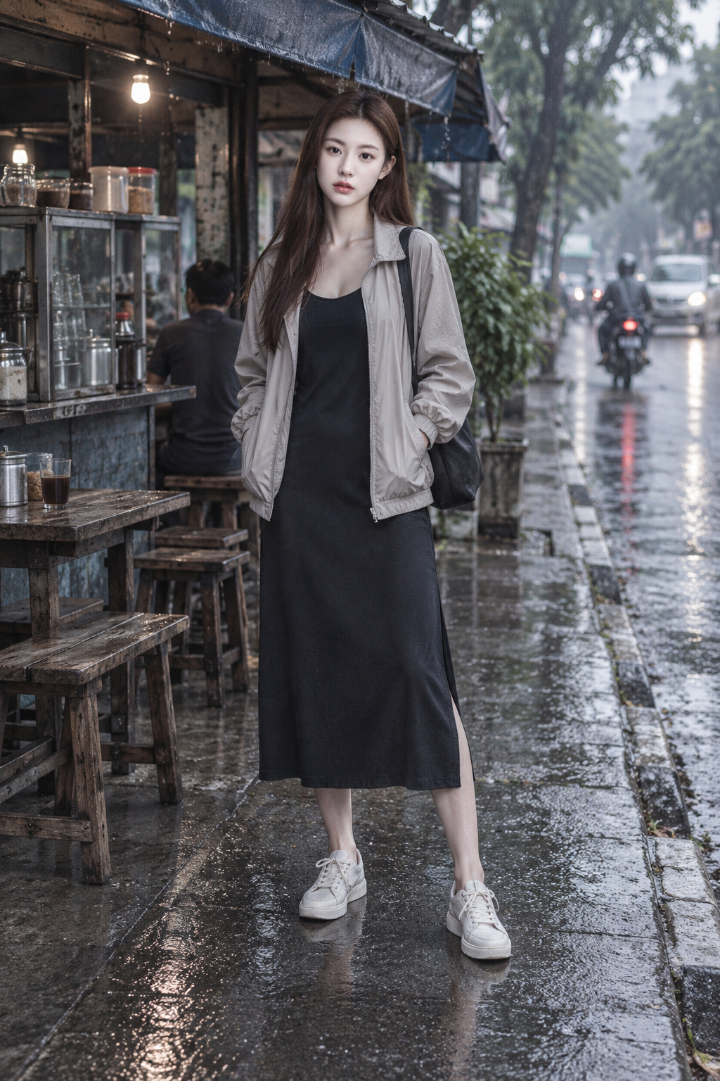 印尼咖啡摊雨后街景的成年女性时尚肖像 — AI image creation