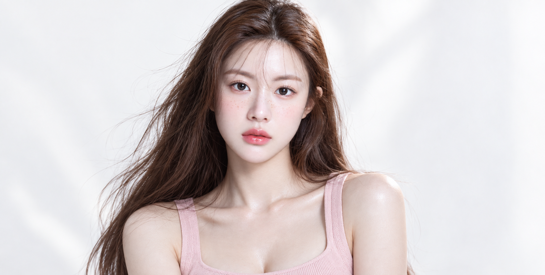 白色影棚中的水光妆容美妆肖像 — AI image creation