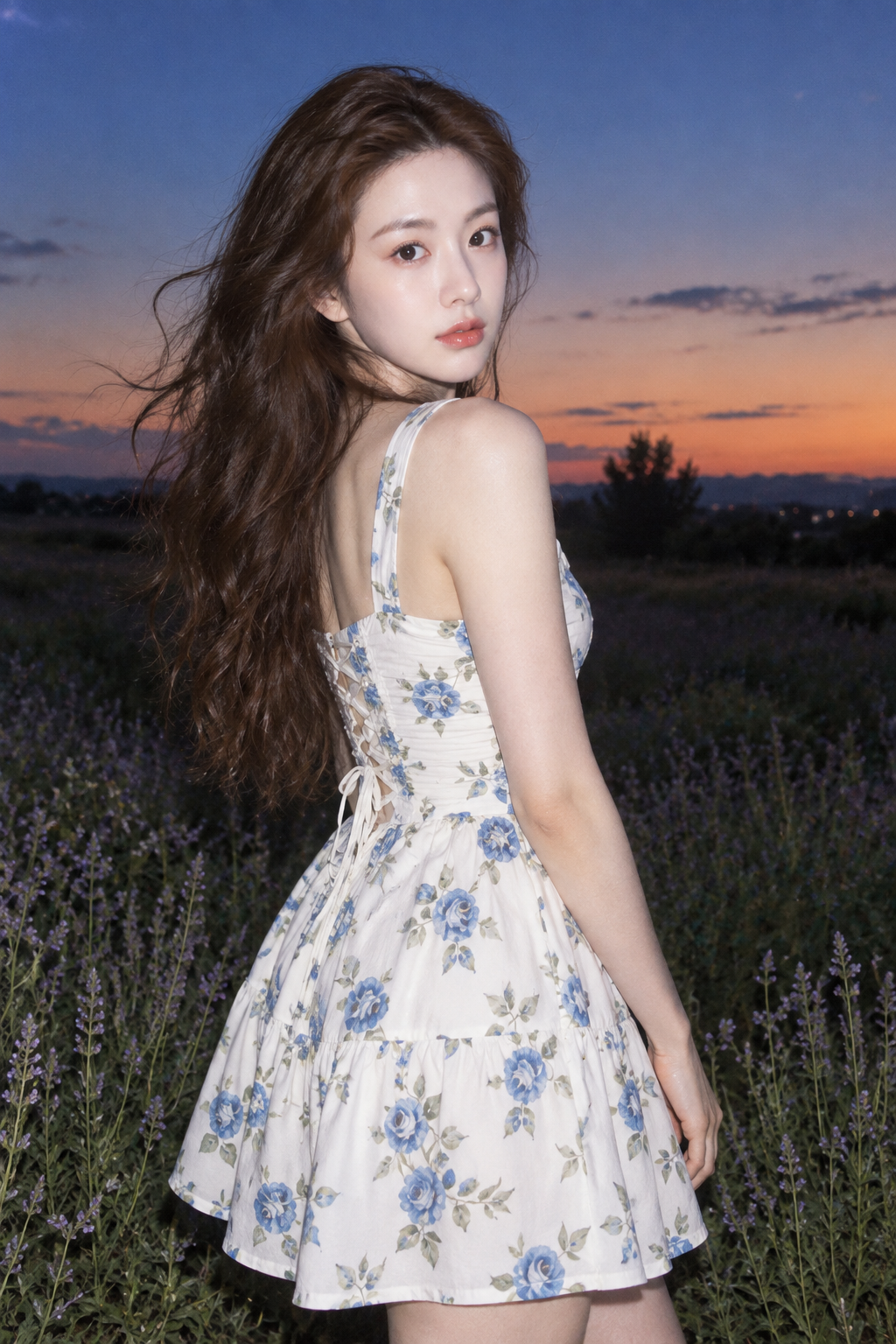 蓝玫瑰碎花裙的Y2K黄昏人像 — AI image creation