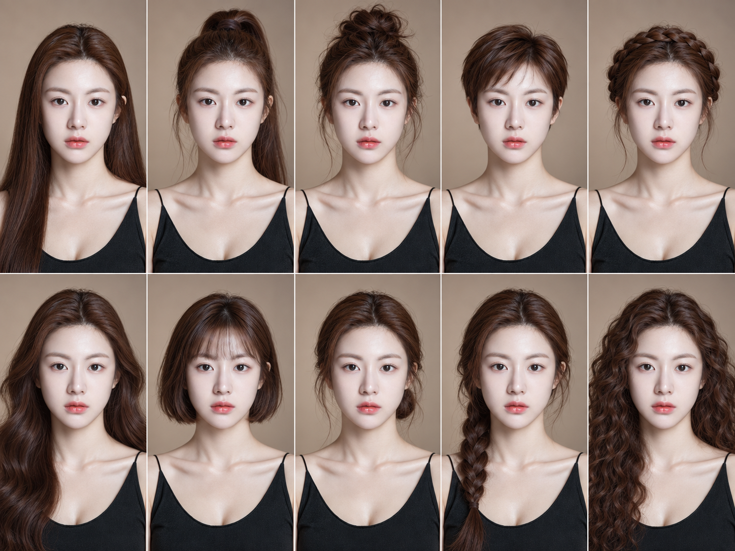 同一人物的十款发型美妆编辑拼贴 — AI image creation