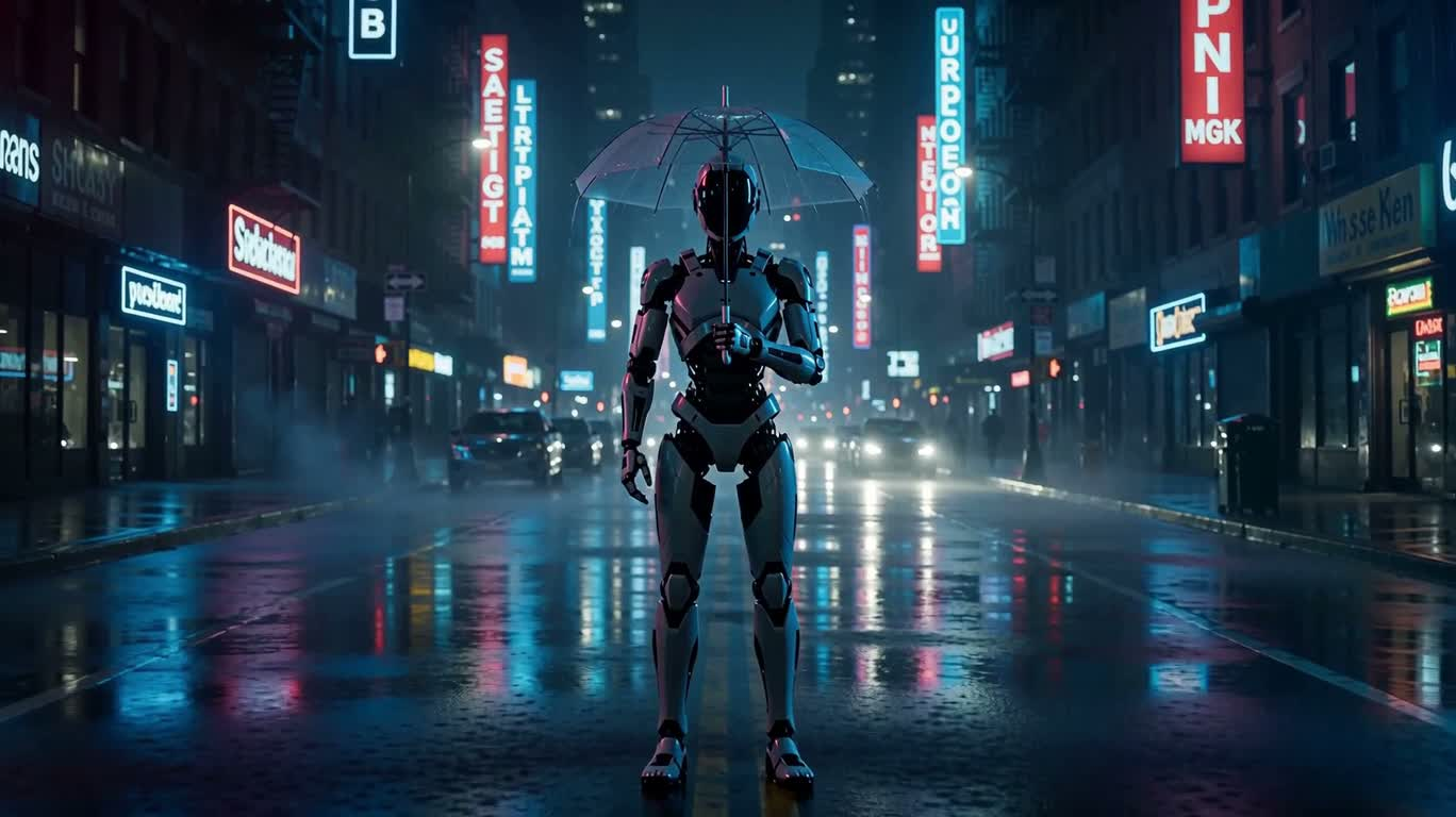 霓虹雨夜的机器人伞下特写 — AI video creation