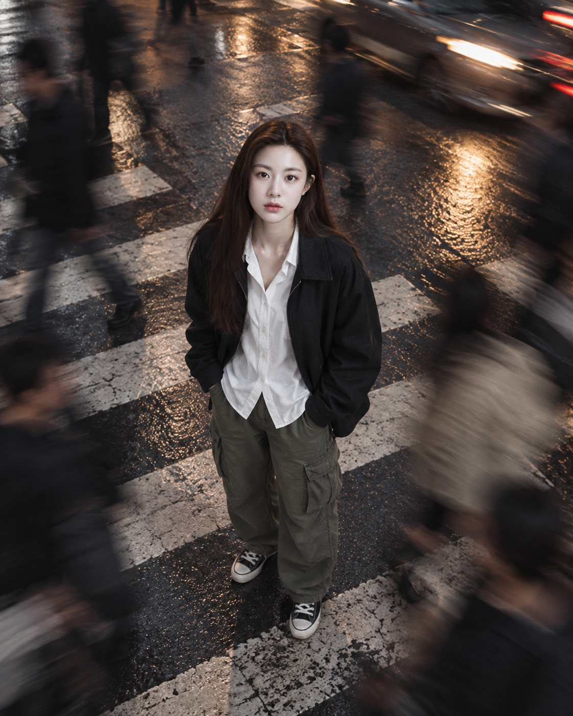 喧嚣都市人行横道上的静止街拍肖像 — AI image creation