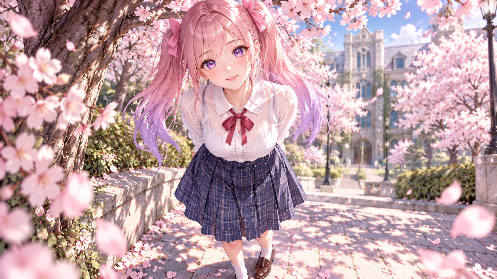 Adult Pink Twin-Tail Portrait Beneath Cherry Blossoms — AI image creation