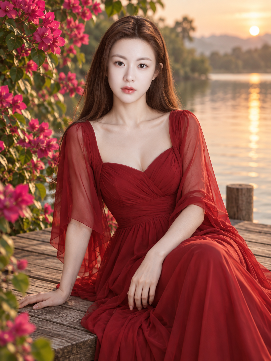 金色夕阳下的森林红裙浪漫人像 — AI image creation