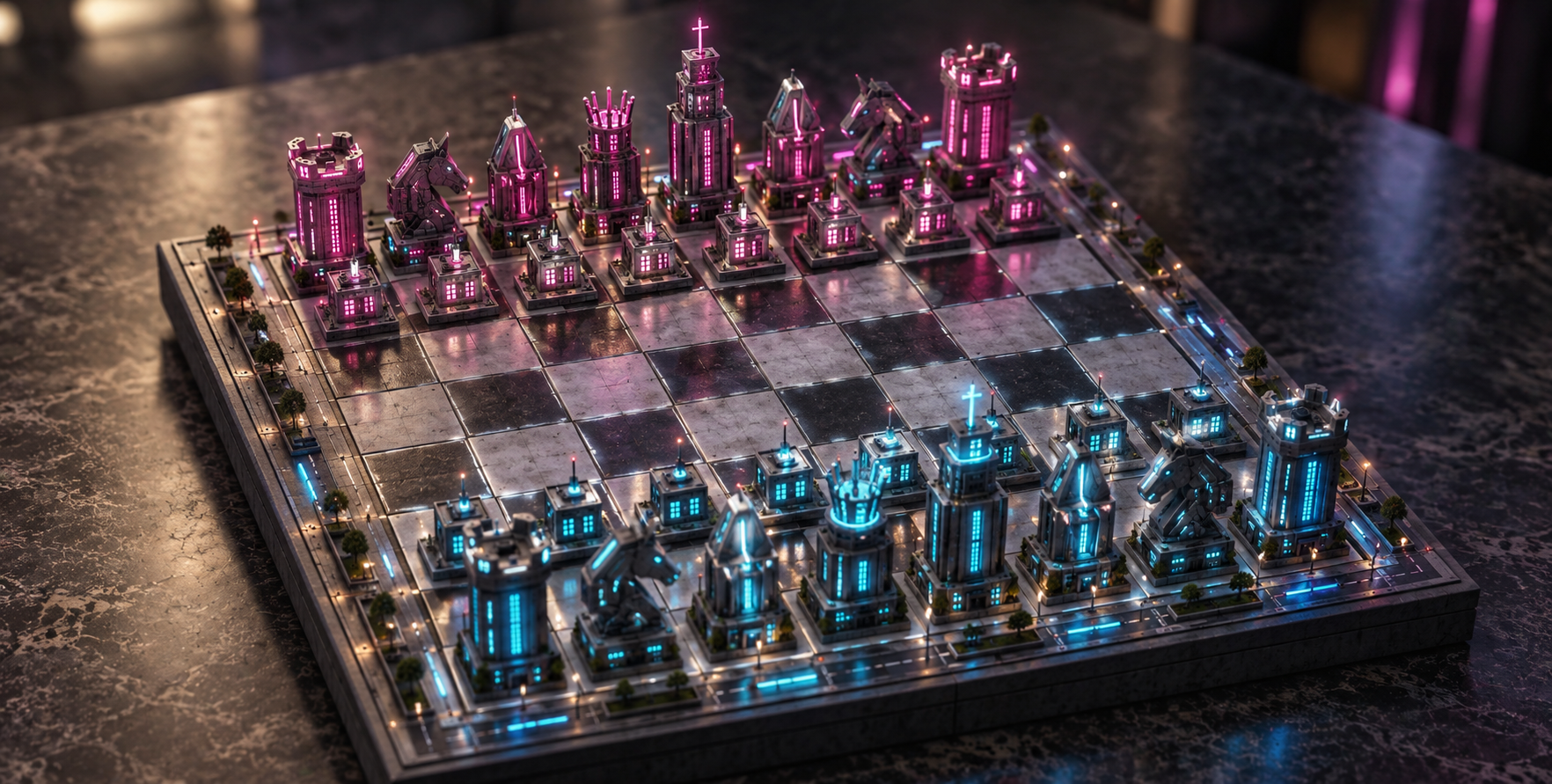 赛博霓虹城建筑构成的微缩国际象棋 — AI image creation