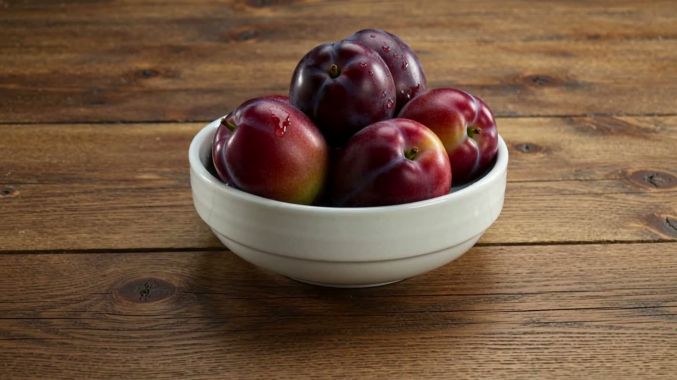 Six Fresh Plums on a Wooden Table — AI video creation