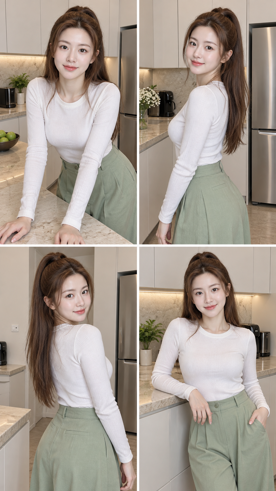 现代厨房中的成年女性四宫格生活方式肖像 — AI image creation