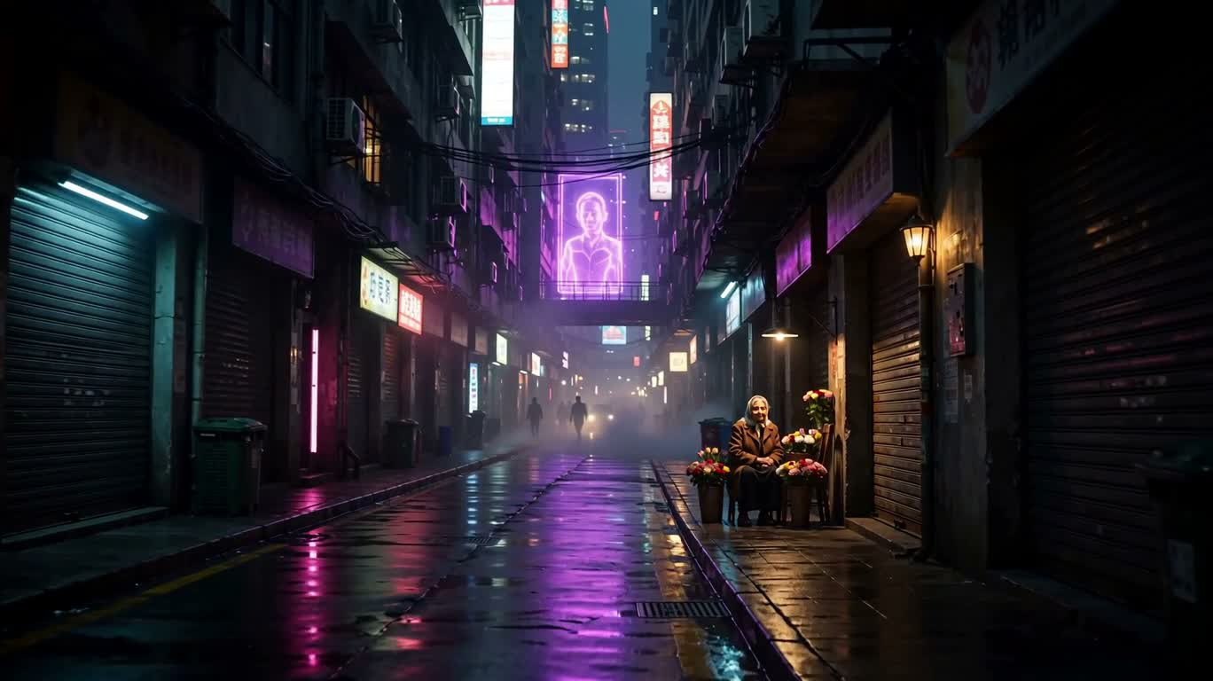 霓虹雨巷中的卖花老人