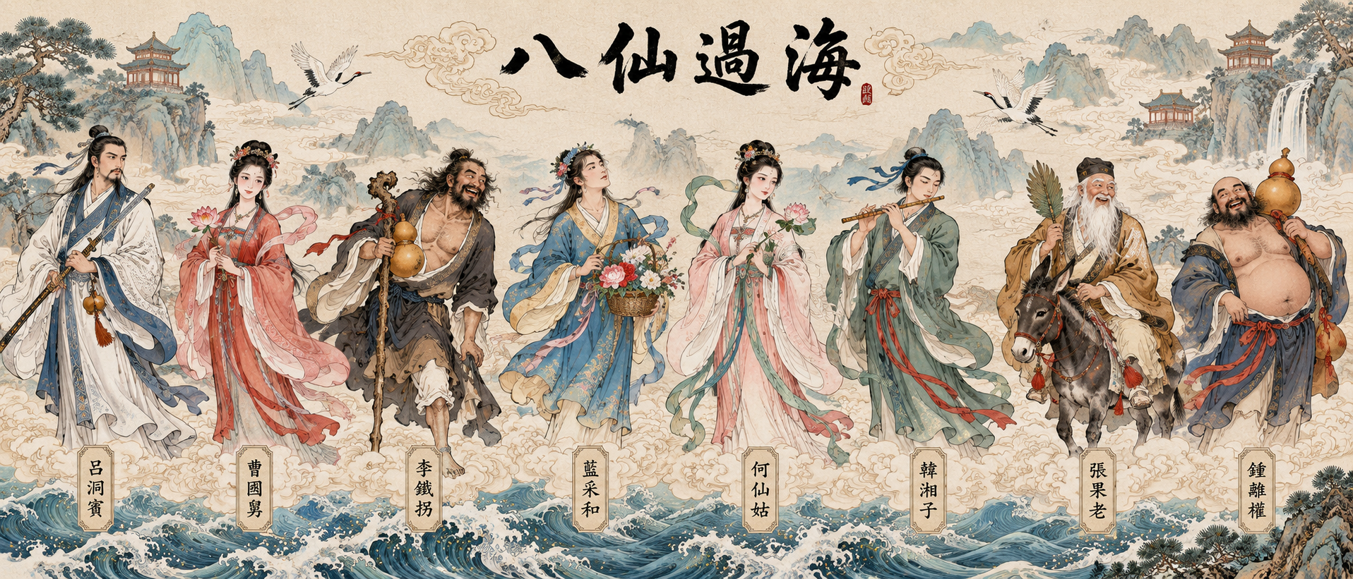 Traditional Chinese Gongbi Character Group Long Scroll — AI image creation