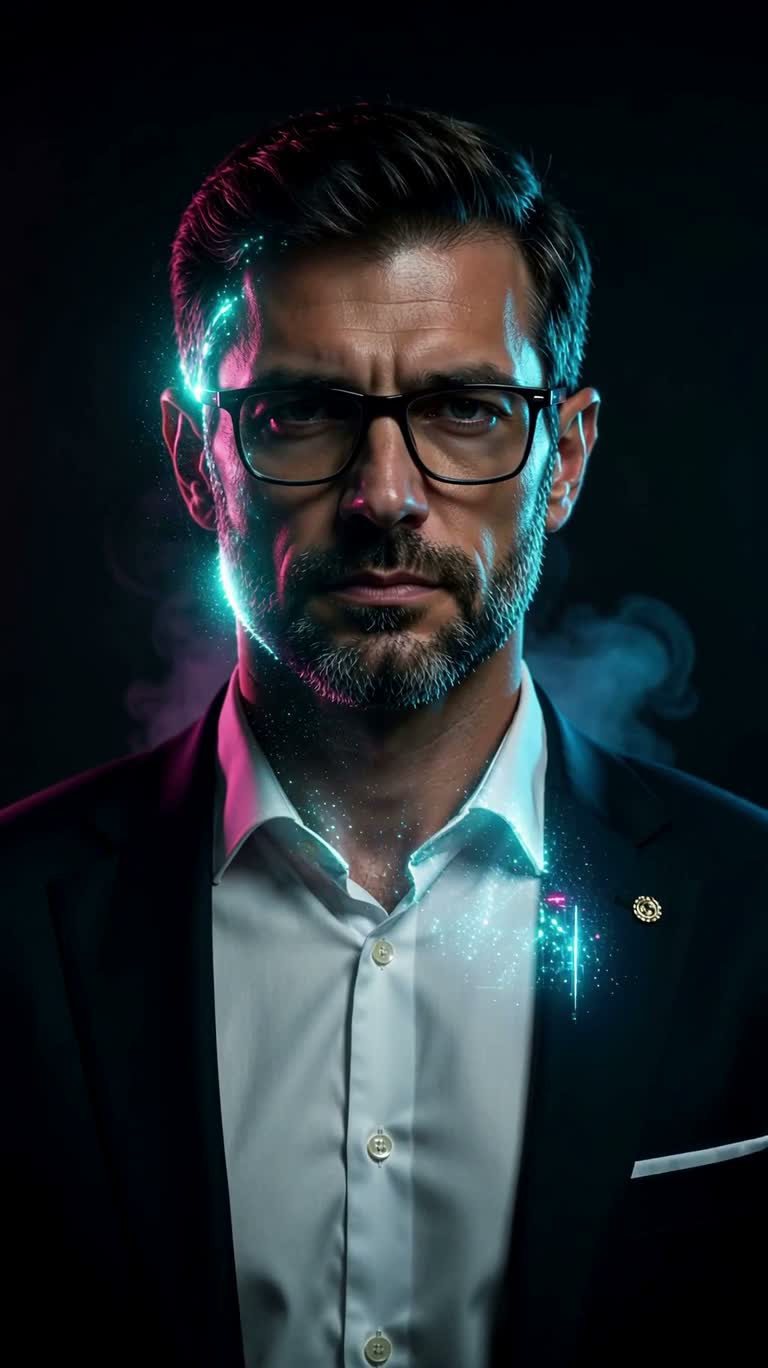 全息电影海报中的胡须眼镜男 — AI video creation
