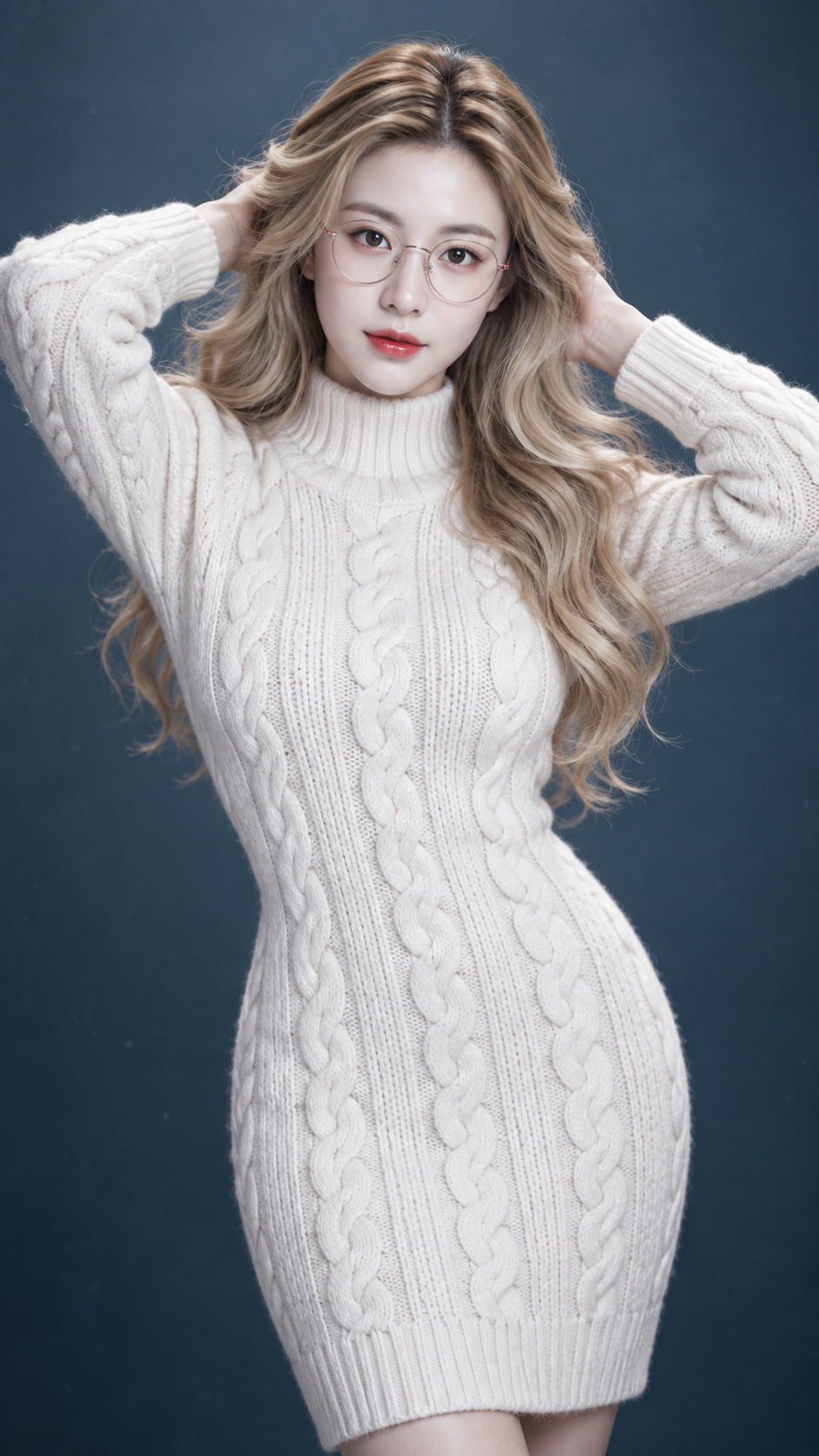 成年女性白色针织裙时尚工作室肖像 — AI image creation