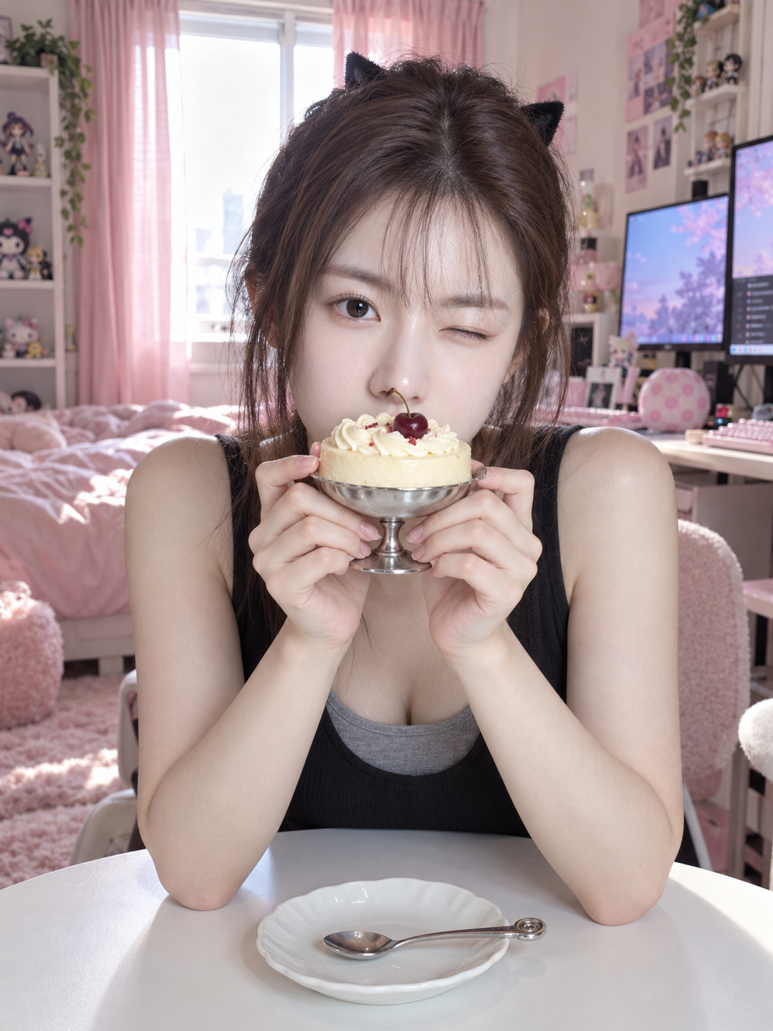 Pink Bedroom Cat-Ear Adult Woman with Dessert Lifestyle Photo