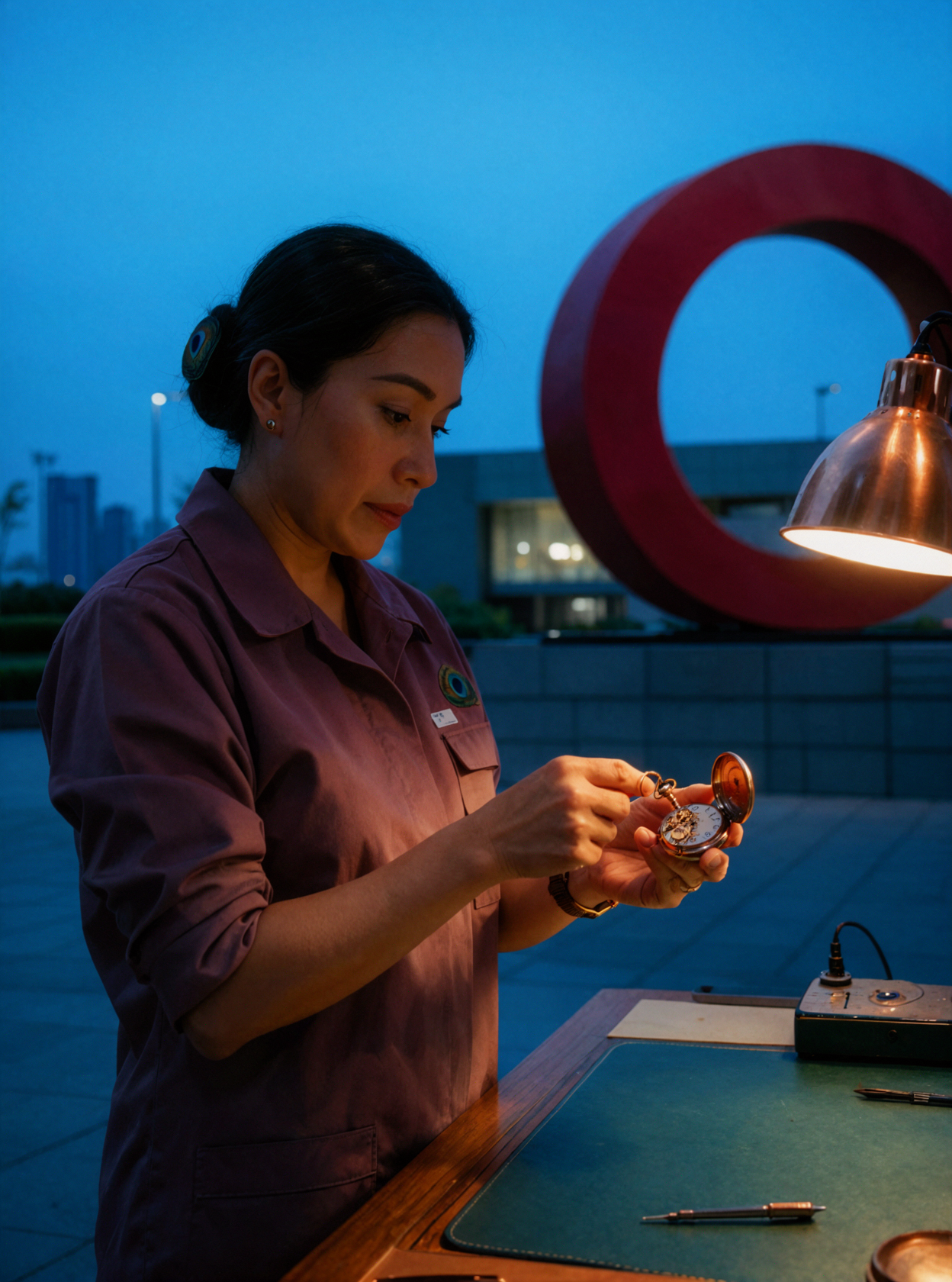Adult Latina Watchmaker · Pocket Watch in Light · Blue Hour