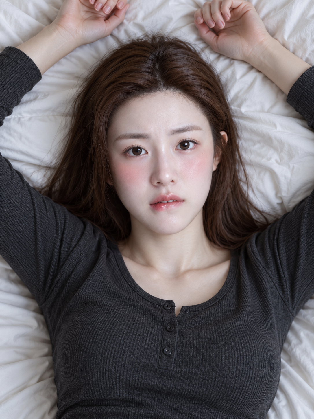ベッドで見下ろして撮った大人の近景ポートレート