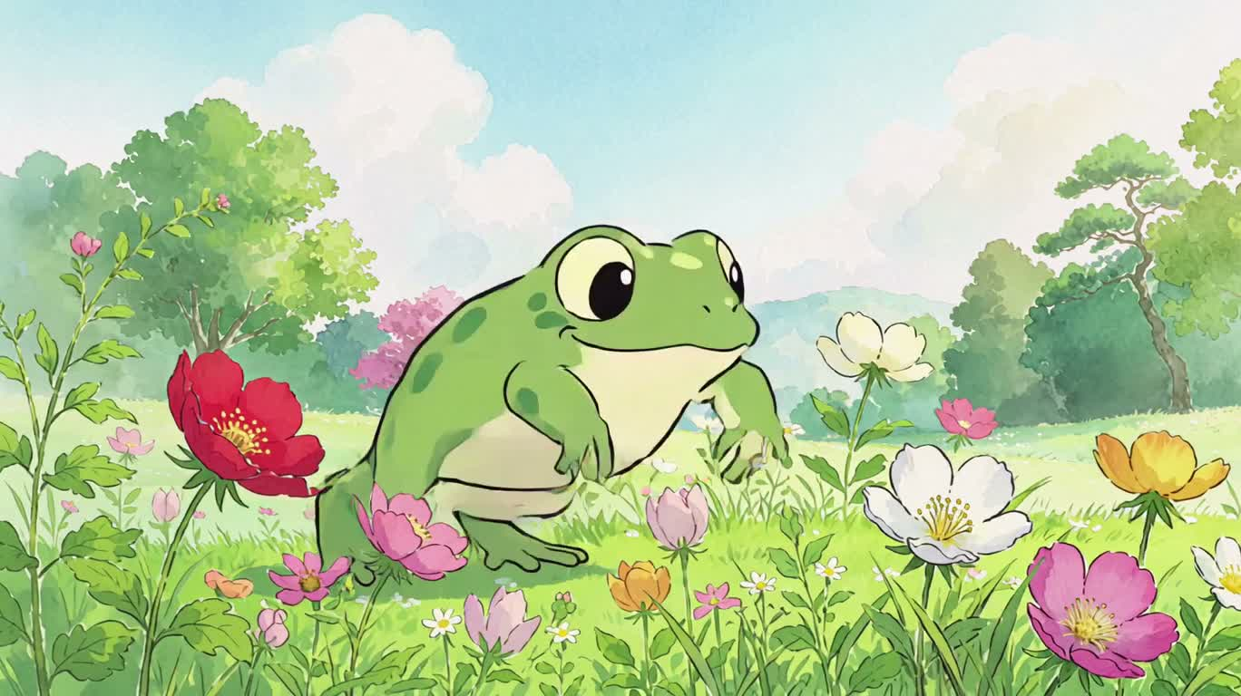 花畑の幸せな小さなカエル — AI video prompt