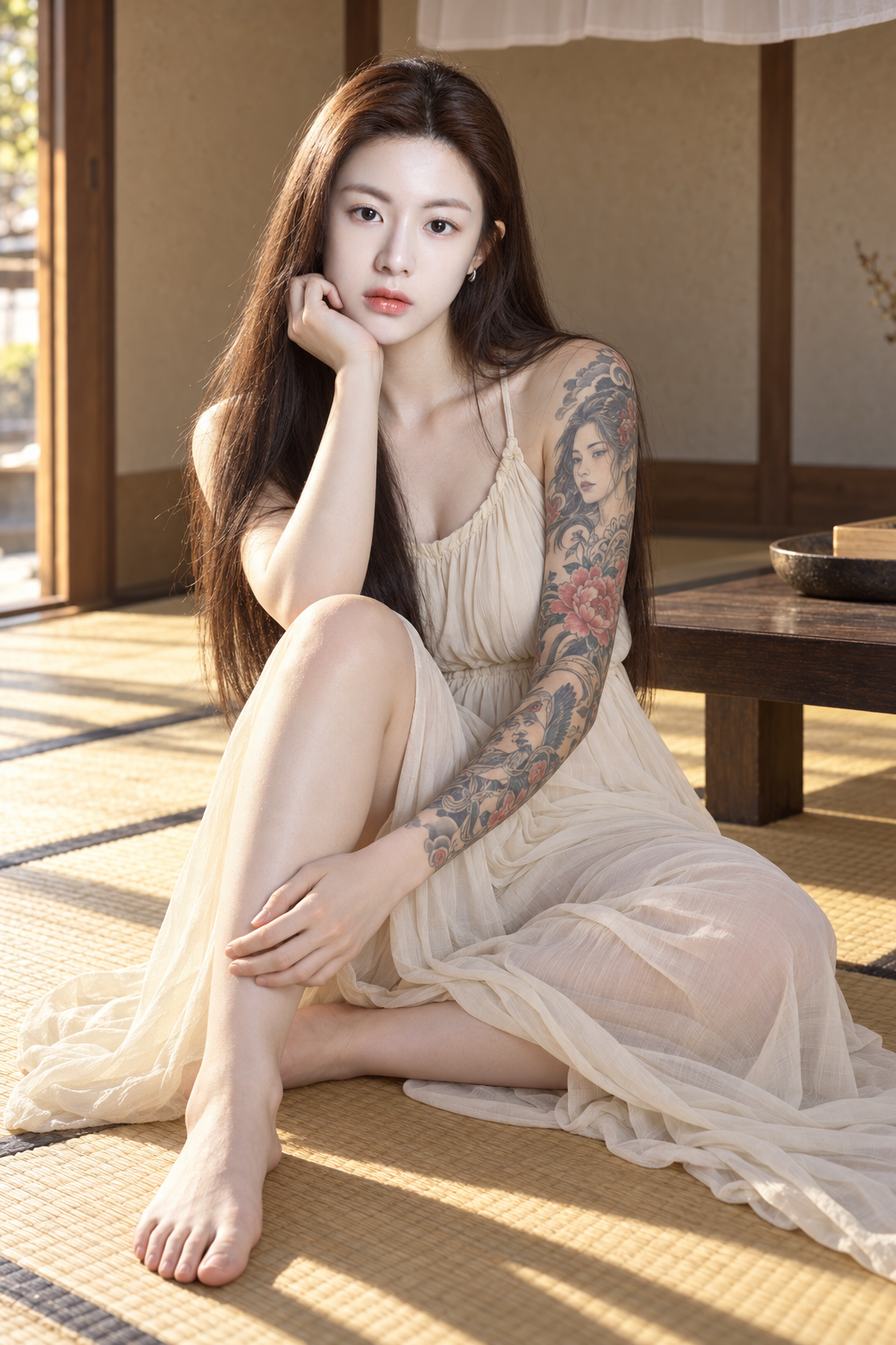 日式榻榻米室内成年纹身女性人像 — AI image creation