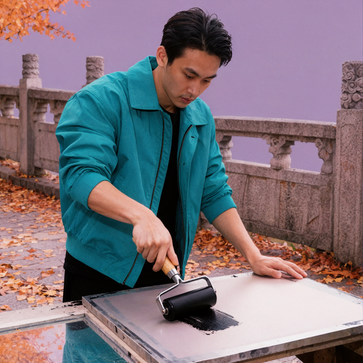 成年东南亚男性平面设计师 · 滚筒墨痕 · 运动凝固 — AI image creation