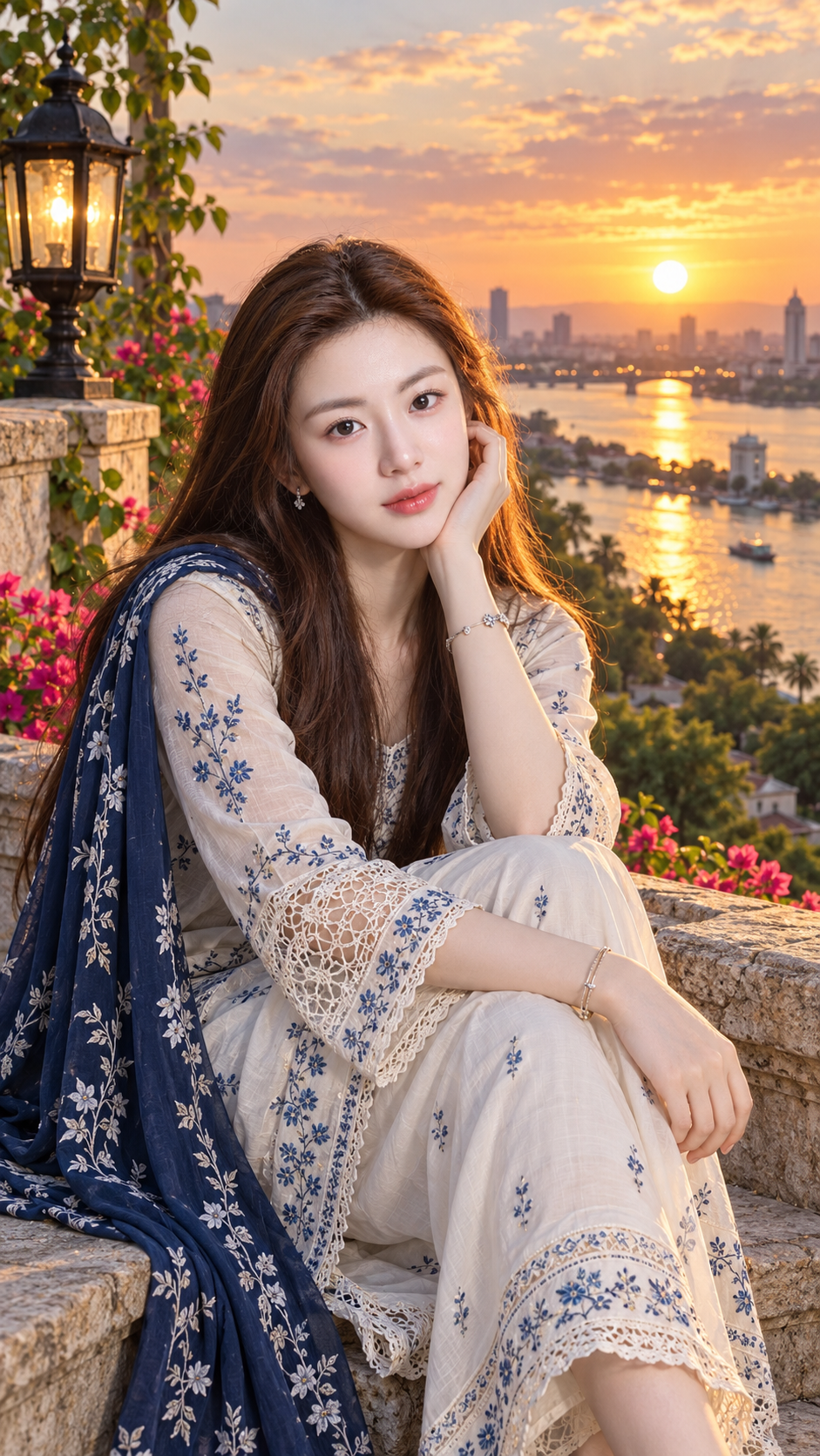 巴基斯坦传统服饰河畔落日肖像 — AI image creation