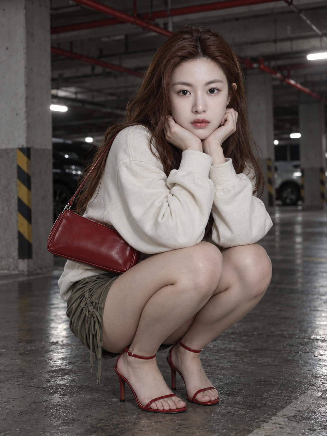工业风停车场里的红发成年女性街拍 — AI image creation