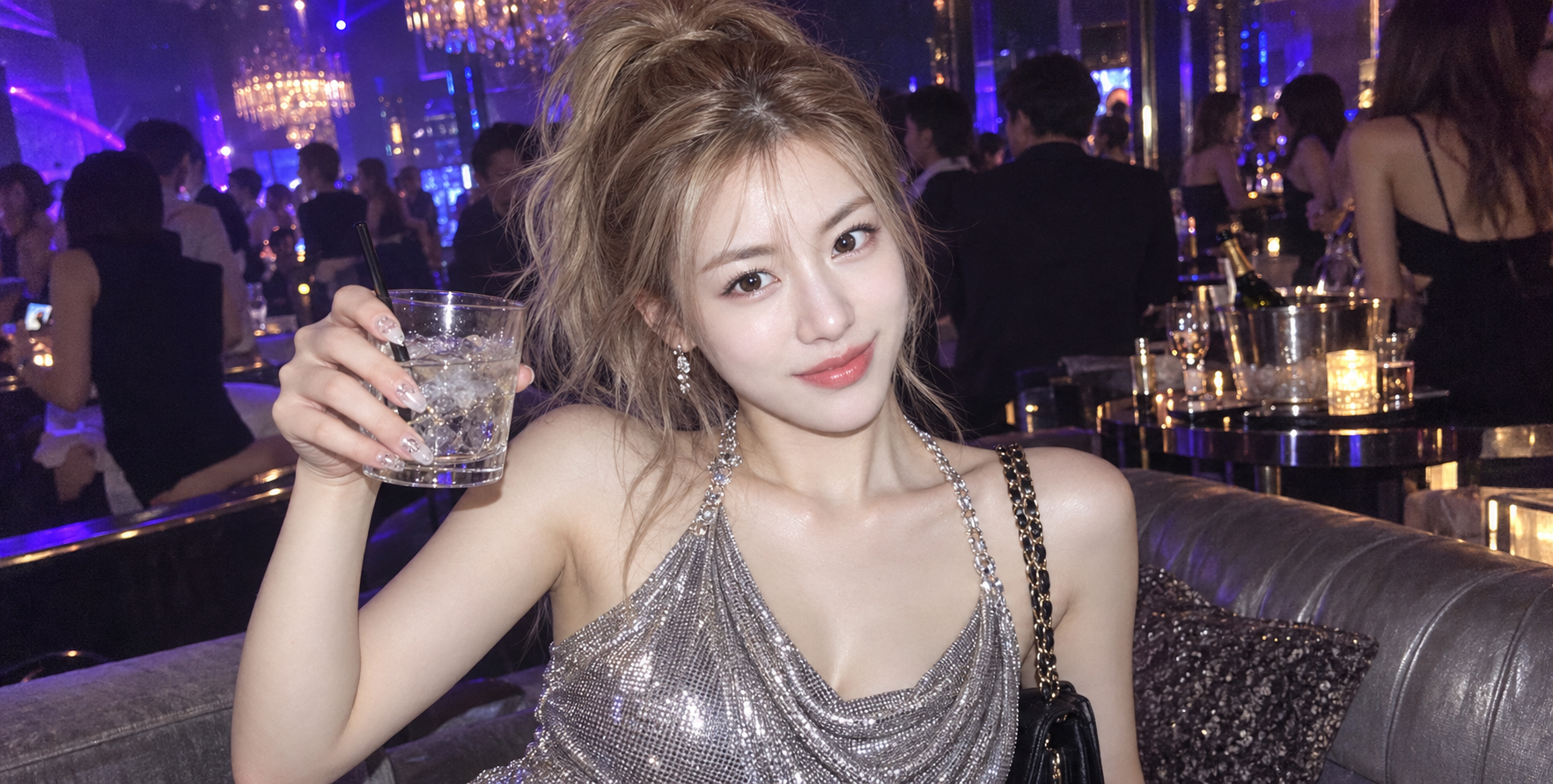Photo volée au flash d'une femme japonaise adulte dans une boîte de nuit haut de gamme