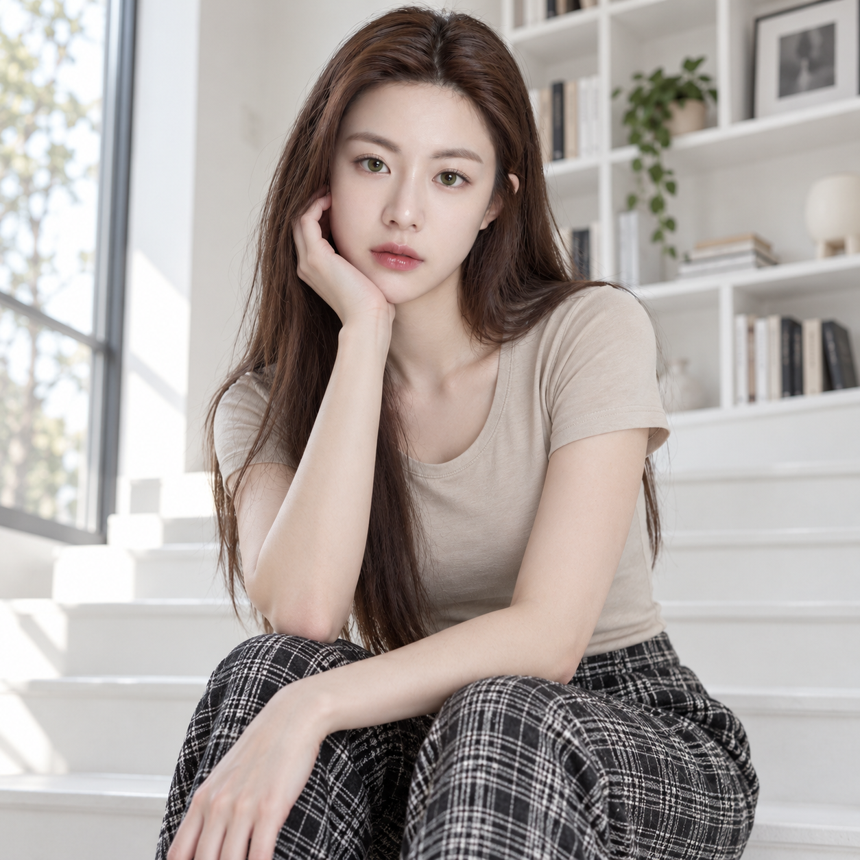 晨光白阶绿眼成年女性肖像 — AI image creation