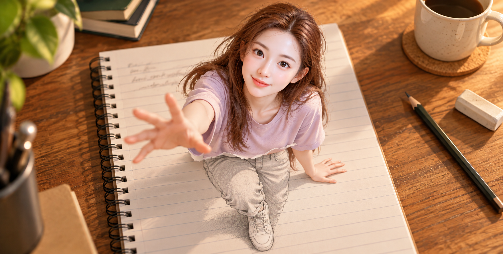 Ảo ảnh thị giác sáng tạo: người phụ nữ bật ra từ trang giấy vở