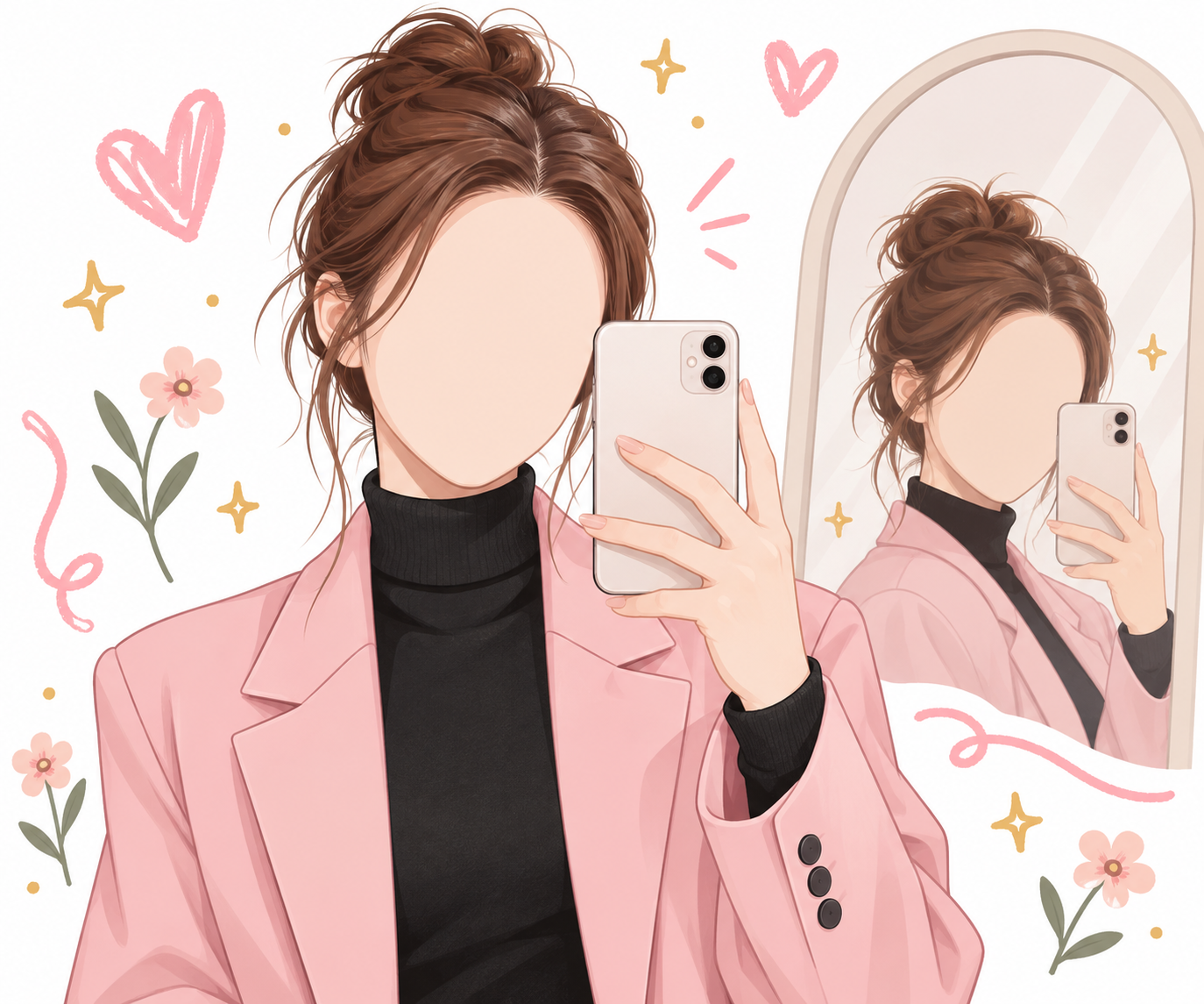 粉色西装无脸成年女性镜面自拍插画 — AI image creation