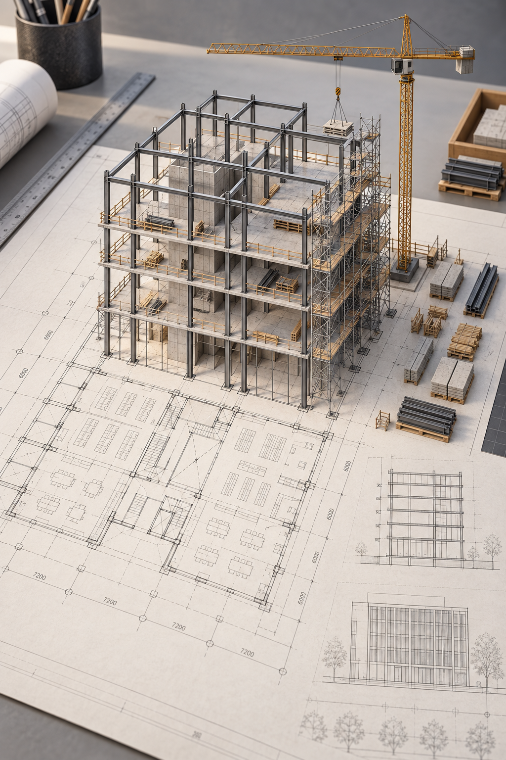 从建筑蓝图中生长的微缩施工模型 — AI image creation