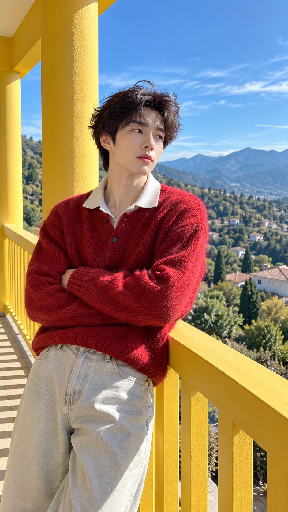 Candid Portrait of a Man in Red on a Yellow Balcony — AI image prompt