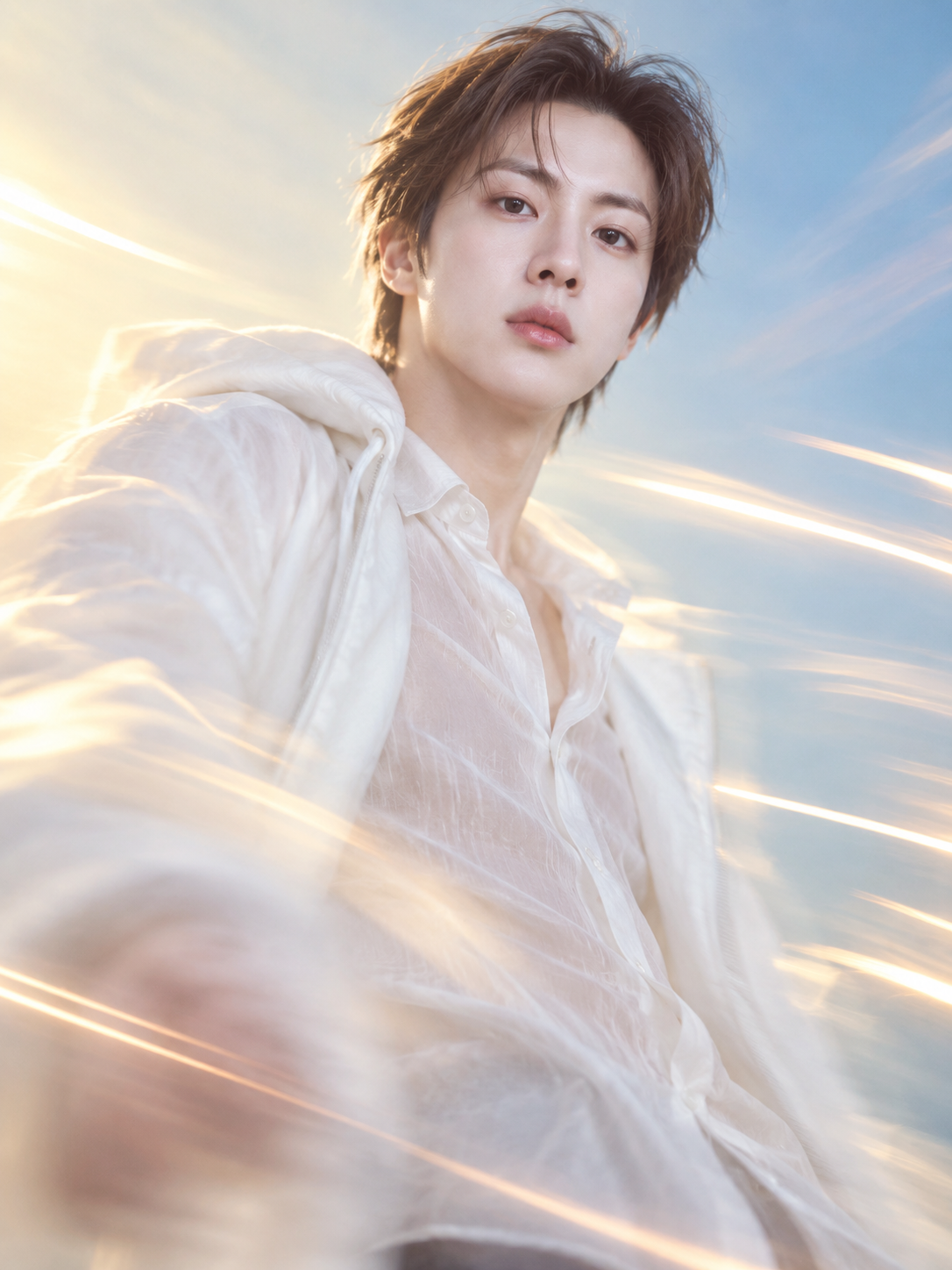 长曝光光绘下的成年韩系男性肖像 — AI image creation