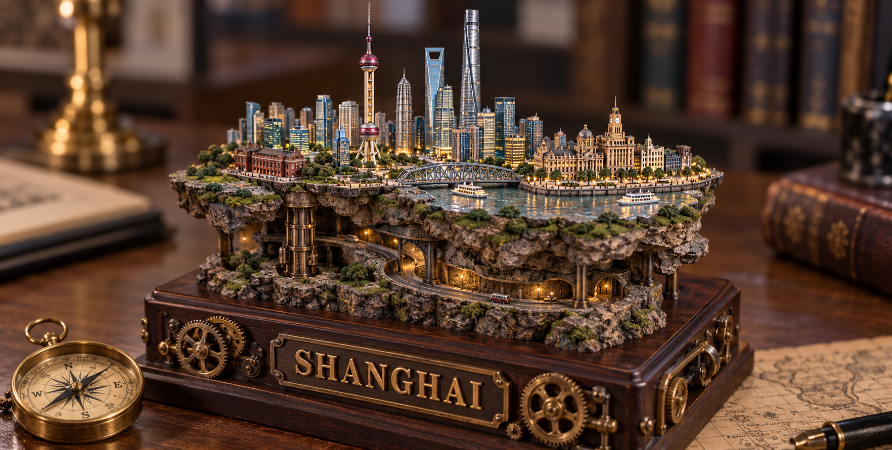黄铜铭牌与齿轮底座上的上海浮岩微缩模型 — AI image creation