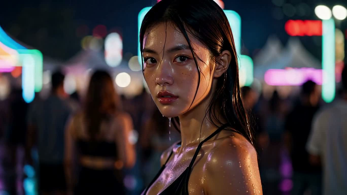 雨后霓虹科技节中的复古凝视 — AI video creation