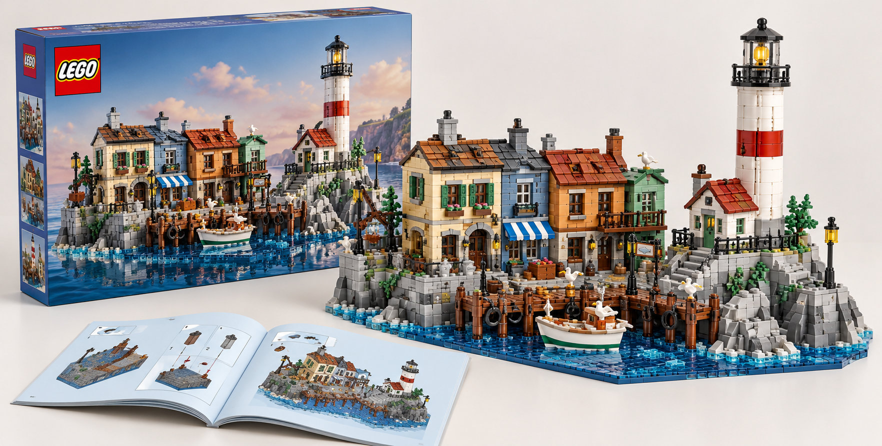 海港建筑冒险乐高积木套装产品图 — AI image creation