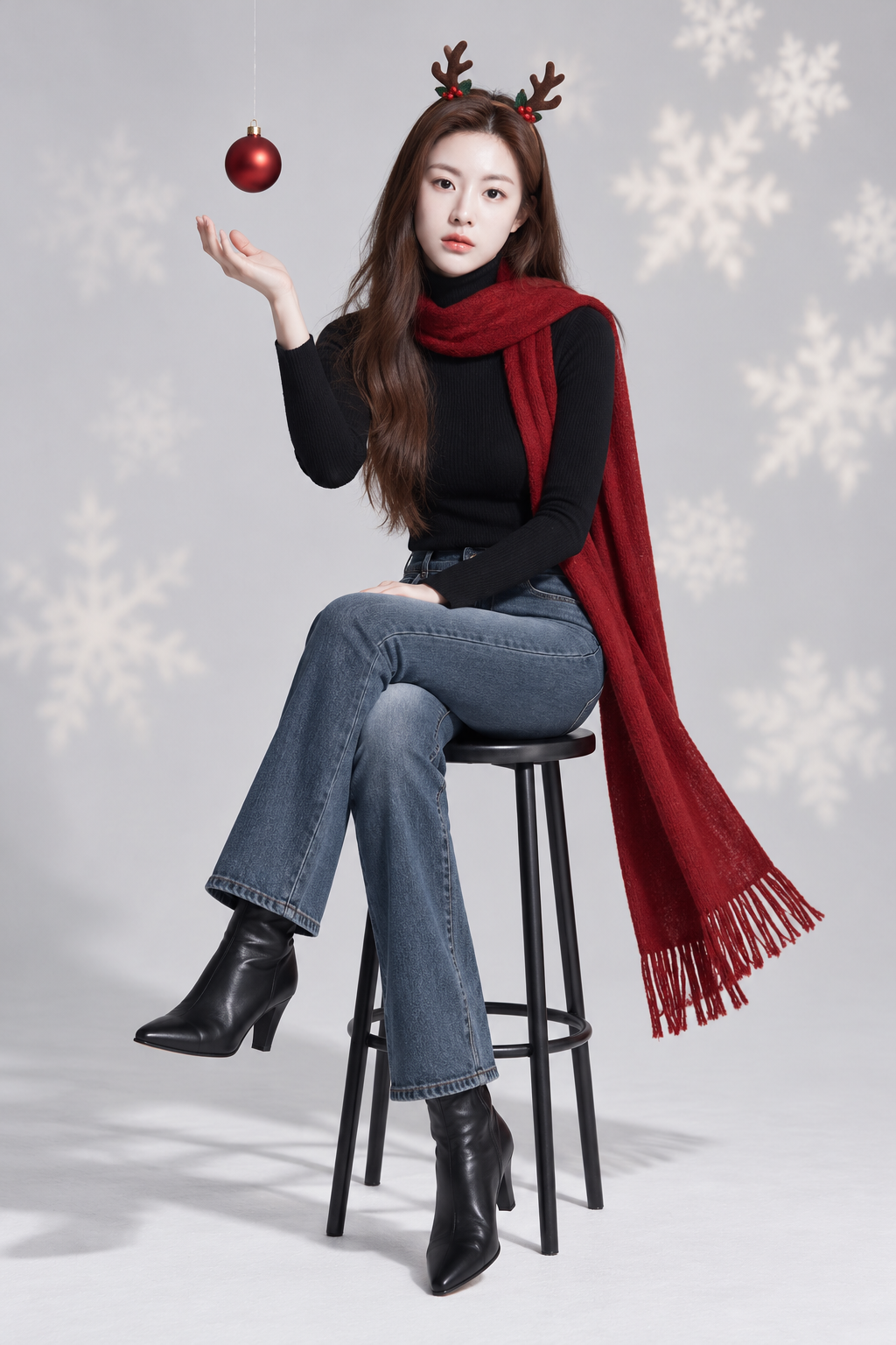 미니멀한 빨간 목도리 크리스마스 패션 스튜디오 촬영
