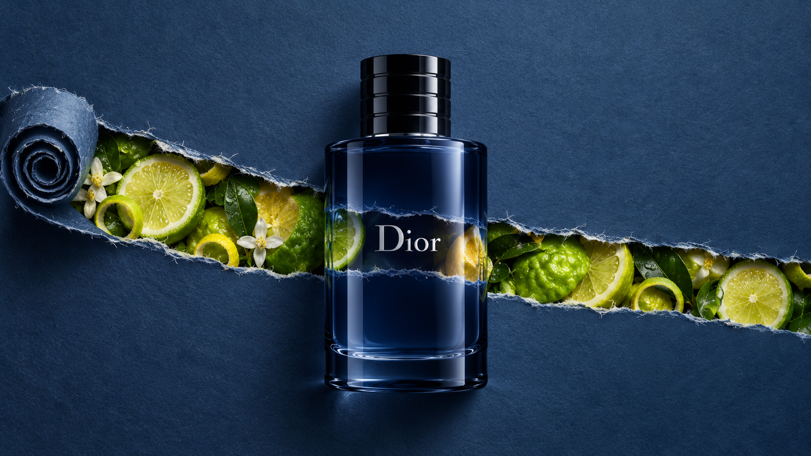 蓝调纸撕裂中的Dior香水与佛手柑 — AI image creation