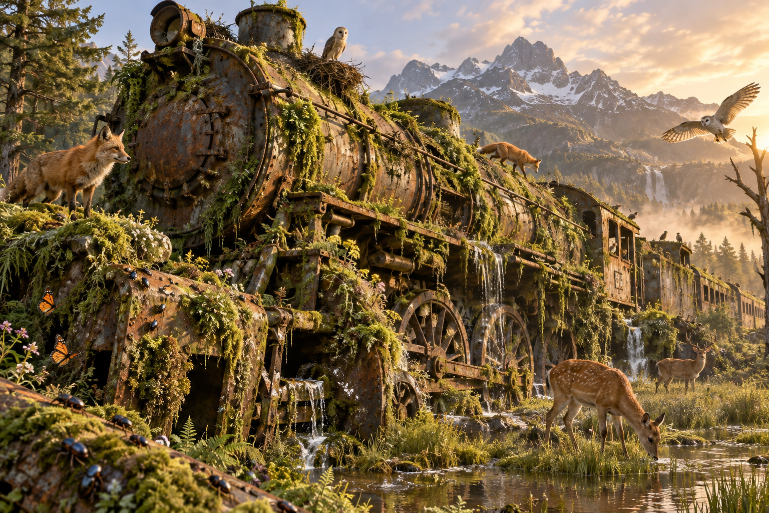 沧桑巨物演化为生机勃勃的自然荒野 — AI image creation